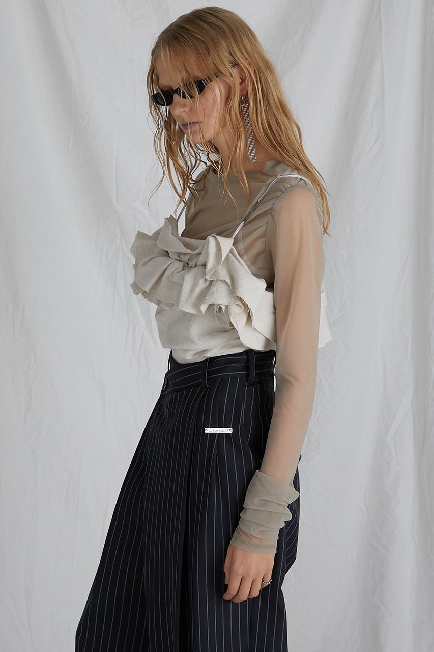 【プランク プロジェクト/PRANK PROJECT】のカットオフフリルトップ / Cut-off Ruffled Top 人気、トレンドファッション・服の通販 founy(ファニー) 　ファッション　Fashion　レディースファッション　Fashion for Women　トップス・カットソー　Cut & Sew Tops　キャミソール&ノースリーブ　Camisoles & Sleeveless Tops　シャツ・ブラウス・オフィスカジュアル　Elegant Blouses & Button-Ups　ロングTシャツ・Tシャツ　Longline T-Shirts & Tees　カットソー・ベーシックTシャツ　Cut-and-Sewn Tops / Stretch Tees & Basics　キャミソール　Camisole, Spaghetti Strap Top　タフタ　Taffeta, Structured Fabric　タンク　Tank Top, Sleeveless Top　フリル　Frill, Ruffle　ランダム　Random, Irregular　リップ　Lip, Lip Motif　リネン　Linen, Linen Fabric　ワッシャー　Washer, Crinkled Finish　夏　Summer　エレガント 上品　Elegant　other-7|ID: prp329100004606205 ipo3291000000032840621