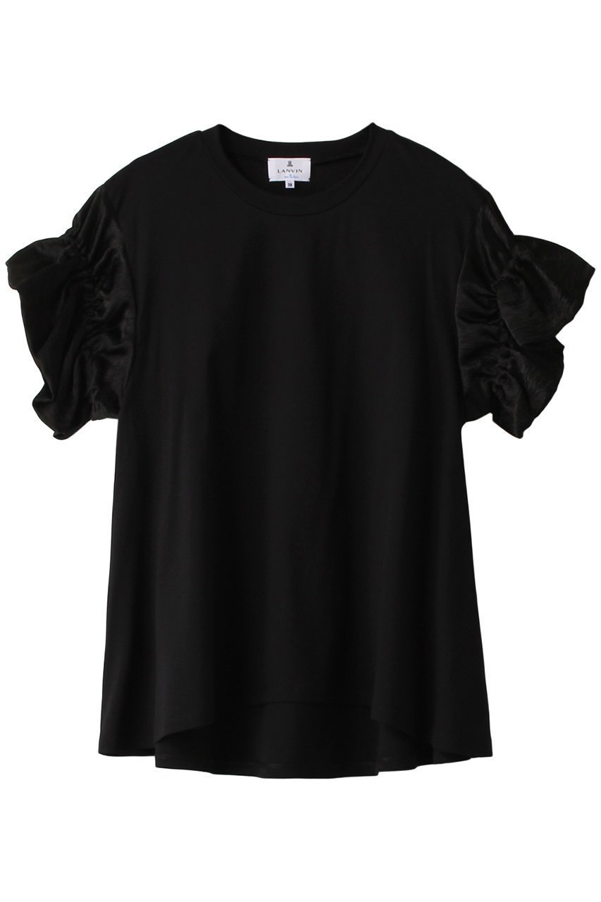 【ランバン オン ブルー/LANVIN en Bleu】のサテンギャザースリーブカットソー インテリア・キッズ・メンズ・レディースファッション・服の通販 founy(ファニー) 　ファッション　Fashion　レディースファッション　Fashion for Women　トップス・カットソー　Cut & Sew Tops　シャツ・ブラウス・オフィスカジュアル　Elegant Blouses & Button-Ups　ロングTシャツ・Tシャツ　Longline T-Shirts & Tees　カットソー・ベーシックTシャツ　Cut-and-Sewn Tops / Stretch Tees & Basics　カットソー　Cut and Sewn Top　ギャザー　Gathered, Ruffled　サテン　Satin, Glossy Fabric　ショート　Short, Short Length　シンプル　Simple, Minimal　スリーブ　Sleeve, Long Sleeve / Short Sleeve　フェミニン　Feminine, Girly　フレア　Flare, Flared　ブラック|ID: prp329100004606294 ipo3291000000032850859