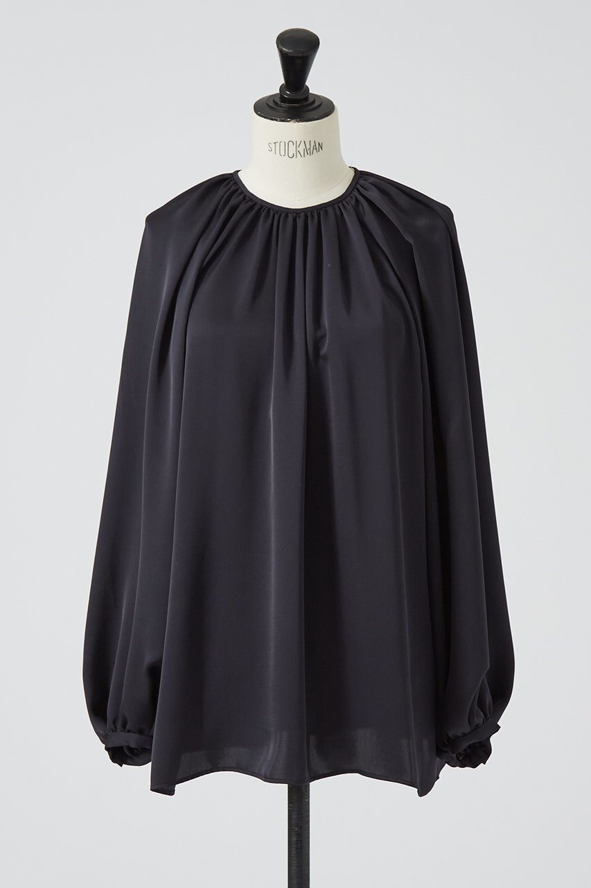 【デザイン ワークス/DESIGN WORKS】のサテンギャザーブラウス インテリア・キッズ・メンズ・レディースファッション・服の通販 founy(ファニー) 　ファッション　Fashion　レディースファッション　Fashion for Women　トップス・カットソー　Cut & Sew Tops　シャツ・ブラウス・オフィスカジュアル　Elegant Blouses & Button-Ups　エレガント 上品　Elegant　ギャザー　Gathered, Ruffled　シンプル　Simple, Minimal　スリーブ　Sleeve, Long Sleeve / Short Sleeve　パターン　Pattern, Design Print　ロング　Long, Long-Length　ネイビー|ID: prp329100004606360 ipo3291000000034955691