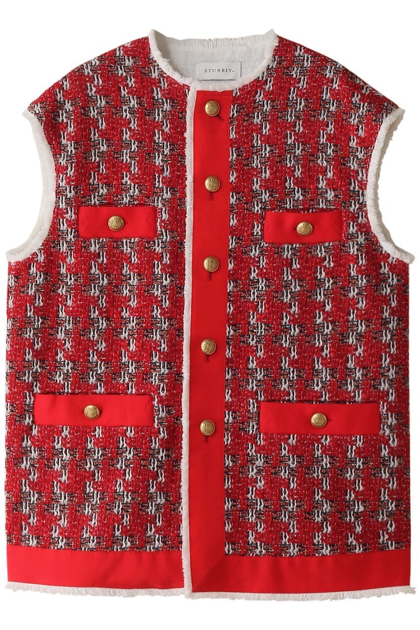【ヒューエルミュージアム/hueLe Museum】の【STUMBLY】Linton Tweed ジレ インテリア・キッズ・メンズ・レディースファッション・服の通販 founy(ファニー) 　ファッション　Fashion　レディースファッション　Fashion for Women　アウター　Coat / Outerwear Collection　トップス・カットソー　Cut & Sew Tops　シャツ・ブラウス・オフィスカジュアル　Elegant Blouses & Button-Ups　ベスト&ジレ / 重ね着スタイル　Vests & Gilets　スリーブ　Sleeve, Long Sleeve / Short Sleeve　ツイード　Twill, Twill Weave　リュクス　Luxury, Elegant, High-End, Chic　ロング　Long, Long-Length　エレガント 上品　Elegant　レッド|ID: prp329100004606734 ipo3291000000032877449