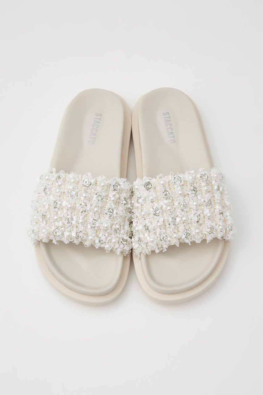 【スタッカート/STACCATO】のツイードMIXパールフラットサンダル インテリア・キッズ・メンズ・レディースファッション・服の通販 founy(ファニー) 　ファッション　Fashion　レディースファッション　Fashion for Women　サンダル　Sandals, Summer Shoes　ストーン　Stone, Gem-Like　スリッパ　Slippers, Room Shoes　ツイード　Twill, Twill Weave　パール　Pearl, Pearl Accent　フェミニン　Feminine, Girly　柄ホワイト|ID: prp329100004607098 ipo3291000000034940836