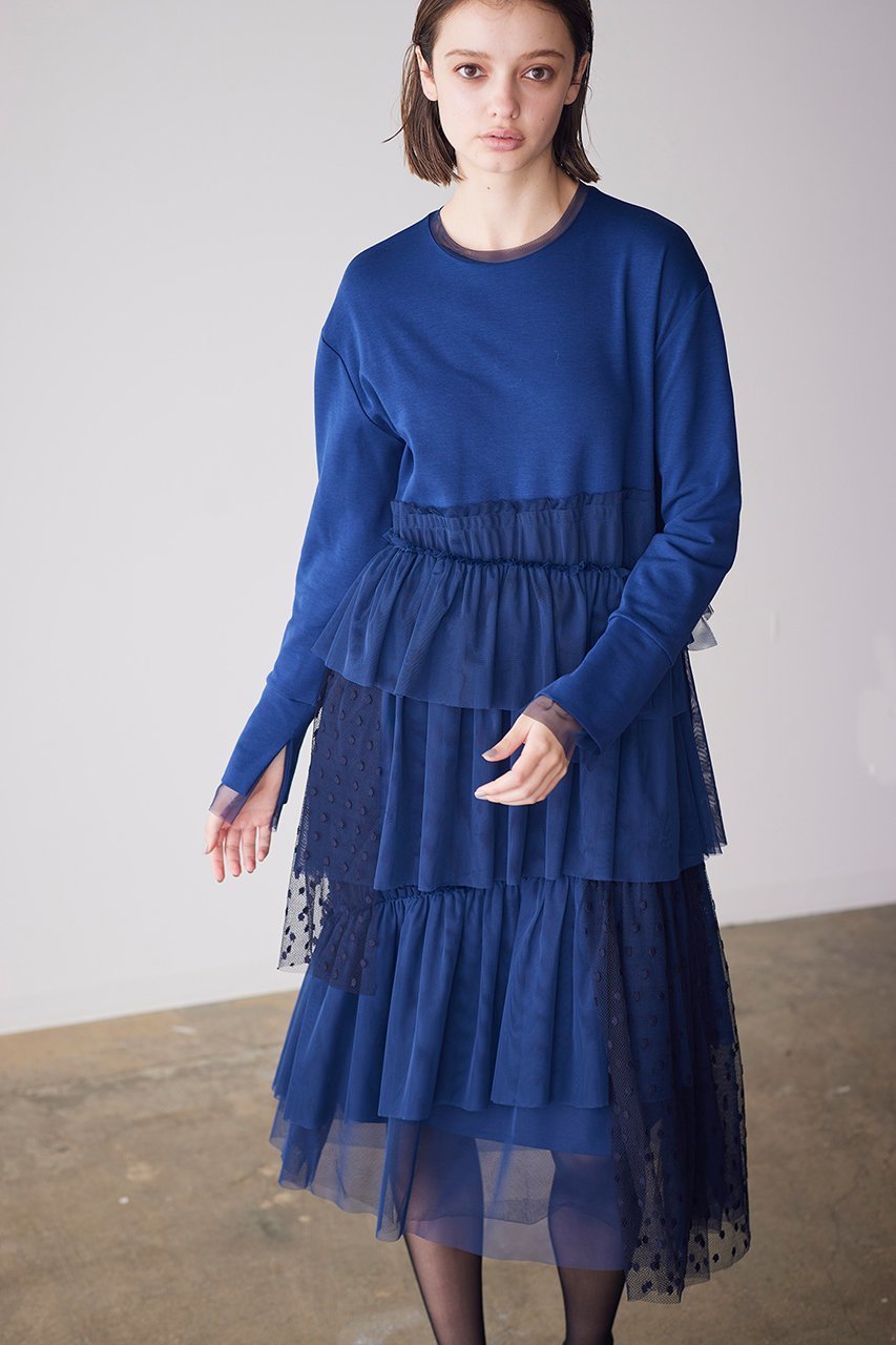 【マリリンムーン/MARILYN MOON】のドットチュールラッフルカットソーワンピース 人気、トレンドファッション・服の通販 founy(ファニー) 　ファッション　Fashion　レディースファッション　Fashion for Women　ワンピース　Dresses　チュニック　Tunic Tops & Dresses　アシンメトリー　Asymmetrical Style　カットソー　Cut and Sewn Top　シアー　Sheer, See-Through　チュニック　Tunic, Long Top　チュール　Tulip, Tulip Motif　ランダム　Random, Irregular　ロング　Long, Long-Length　other-6|ID: prp329100004607227 ipo3291000000032887880