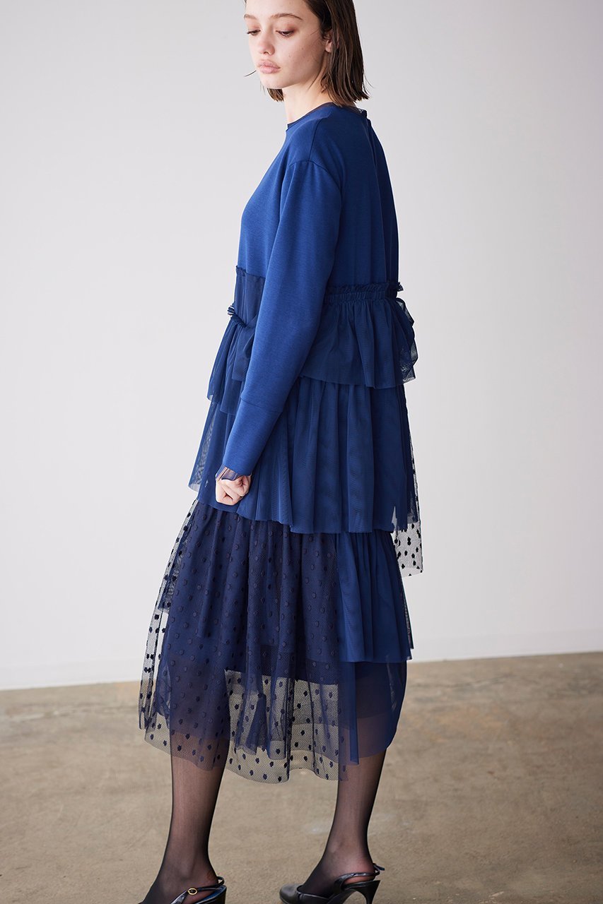 【マリリンムーン/MARILYN MOON】のドットチュールラッフルカットソーワンピース 人気、トレンドファッション・服の通販 founy(ファニー) 　ファッション　Fashion　レディースファッション　Fashion for Women　ワンピース　Dresses　チュニック　Tunic Tops & Dresses　アシンメトリー　Asymmetrical Style　カットソー　Cut and Sewn Top　シアー　Sheer, See-Through　チュニック　Tunic, Long Top　チュール　Tulip, Tulip Motif　ランダム　Random, Irregular　ロング　Long, Long-Length　other-7|ID: prp329100004607227 ipo3291000000032887884