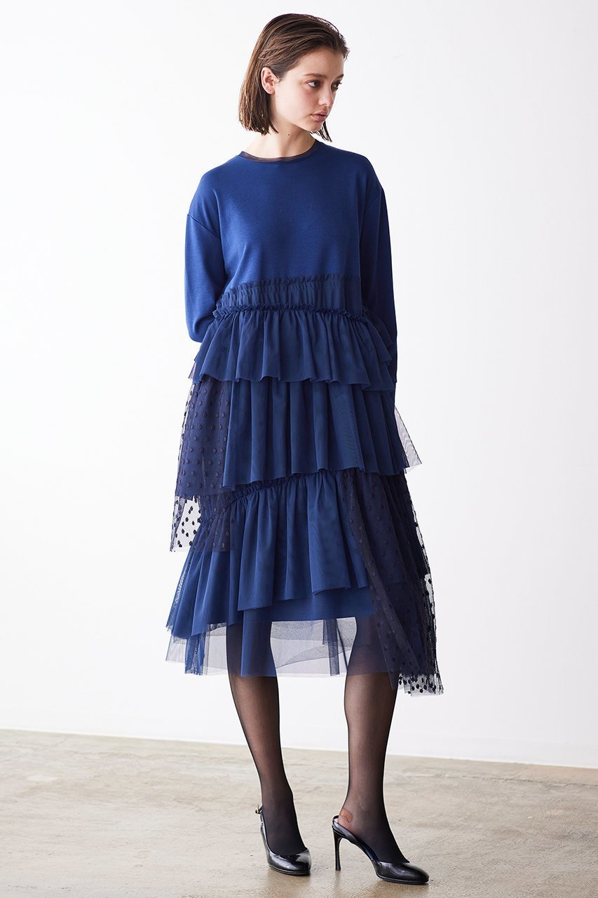 【マリリンムーン/MARILYN MOON】のドットチュールラッフルカットソーワンピース 人気、トレンドファッション・服の通販 founy(ファニー) 　ファッション　Fashion　レディースファッション　Fashion for Women　ワンピース　Dresses　チュニック　Tunic Tops & Dresses　アシンメトリー　Asymmetrical Style　カットソー　Cut and Sewn Top　シアー　Sheer, See-Through　チュニック　Tunic, Long Top　チュール　Tulip, Tulip Motif　ランダム　Random, Irregular　ロング　Long, Long-Length　other-8|ID: prp329100004607227 ipo3291000000032887889