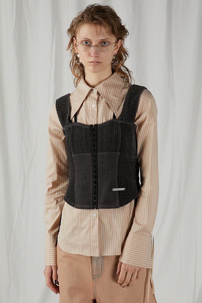 【プランク プロジェクト/PRANK PROJECT】のモールジャガードビスチェ / Mole Jacquard Bustier インテリア・キッズ・メンズ・レディースファッション・服の通販 founy(ファニー) 　ファッション　Fashion　レディースファッション　Fashion for Women　トップス・カットソー　Cut & Sew Tops　キャミソール&ノースリーブ　Camisoles & Sleeveless Tops　シャツ・ブラウス・オフィスカジュアル　Elegant Blouses & Button-Ups　ビスチェ　Bustiers & Corset Tops / Layered Bustier Style　カットソー　Cut and Sewn Top　クラシック　Classic, Timeless Style　コーデュロイ　Corduroy, Cord Fabric　ジャカード／ジャガード　Jacquard, Woven Pattern　ドッキング　Docking, Mixed Material　ノースリーブ　Sleeveless, No-Sleeve　パッチワーク　Patchwork, Mixed Fabric　ビスチェ　Bustier, Corset Top　フロント　Front, Front Design　ベロア　Velour, Soft Velvet　エレガント 上品　Elegant　畦　Ribbed Knit　C.GRY(チャコールグレー)|ID: prp329100004607304 ipo3291000000032890720