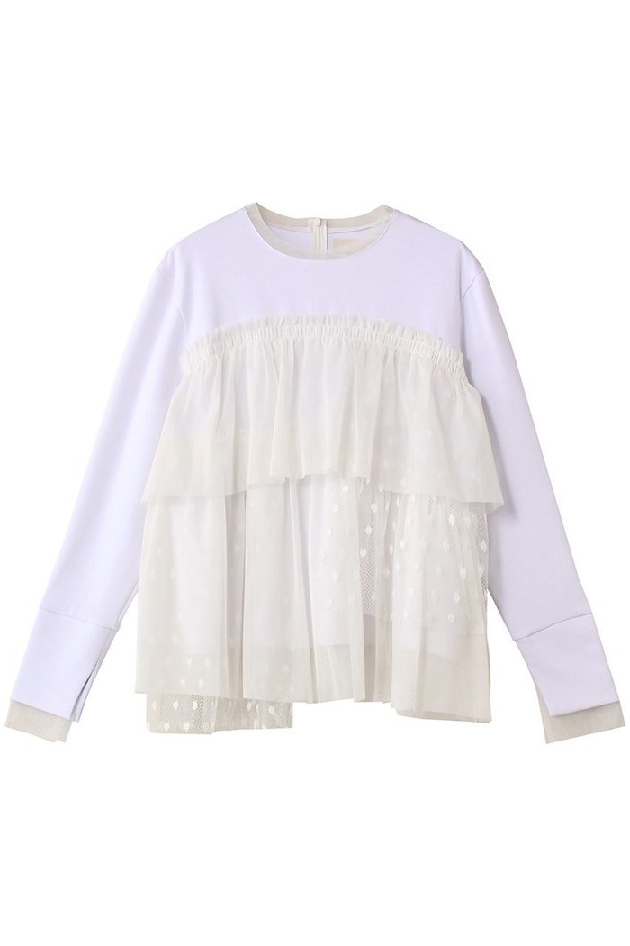 【マリリンムーン/MARILYN MOON】のドットチュールラッフルカットソートップ インテリア・キッズ・メンズ・レディースファッション・服の通販 founy(ファニー) https://founy.com/ ファッション Fashion レディースファッション Fashion for Women トップス・カットソー Cut & Sew Tops シャツ・ブラウス・オフィスカジュアル Elegant Blouses & Button-Ups カットソー・ベーシックTシャツ Cut-and-Sewn Tops / Stretch Tees & Basics アシンメトリー Asymmetrical Style カットソー Cut and Sewn Top シアー Sheer, See-Through スリーブ Sleeve, Long Sleeve / Short Sleeve チュール Tulip, Tulip Motif フェミニン Feminine, Girly ベスト Vest, Waistcoat ボトム Bottoms, Lower Wear ランダム Random, Irregular ロング Long, Long-Length エレガント 上品 Elegant |ID: prp329100004607334 ipo3291000000032891443