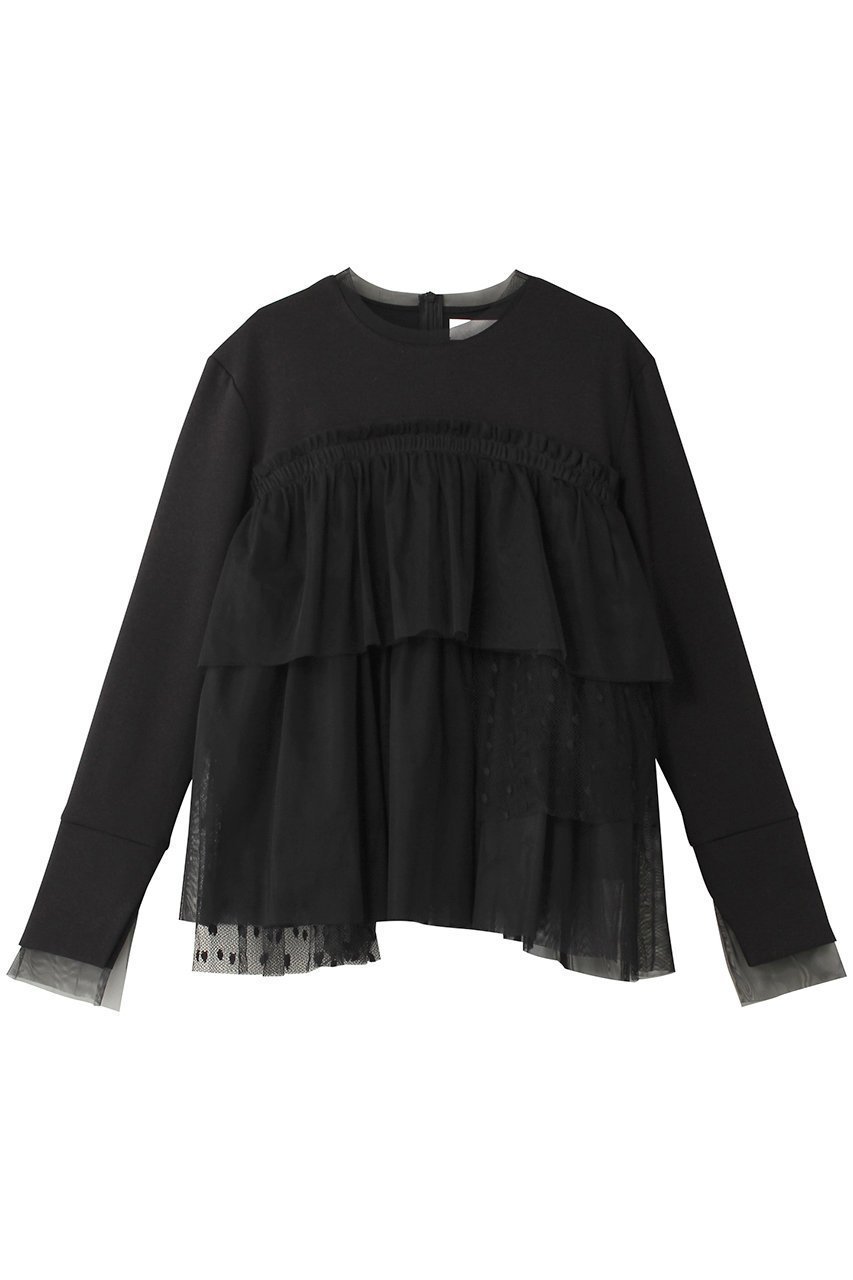 【マリリンムーン/MARILYN MOON】のドットチュールラッフルカットソートップ インテリア・キッズ・メンズ・レディースファッション・服の通販 founy(ファニー) 　ファッション　Fashion　レディースファッション　Fashion for Women　トップス・カットソー　Cut & Sew Tops　シャツ・ブラウス・オフィスカジュアル　Elegant Blouses & Button-Ups　カットソー・ベーシックTシャツ　Cut-and-Sewn Tops / Stretch Tees & Basics　アシンメトリー　Asymmetrical Style　カットソー　Cut and Sewn Top　シアー　Sheer, See-Through　スリーブ　Sleeve, Long Sleeve / Short Sleeve　チュール　Tulip, Tulip Motif　フェミニン　Feminine, Girly　ベスト　Vest, Waistcoat　ボトム　Bottoms, Lower Wear　ランダム　Random, Irregular　ロング　Long, Long-Length　エレガント 上品　Elegant　ブラック|ID: prp329100004607334 ipo3291000000034955818