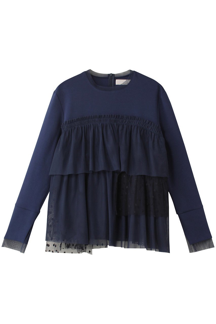 【マリリンムーン/MARILYN MOON】のドットチュールラッフルカットソートップ インテリア・キッズ・メンズ・レディースファッション・服の通販 founy(ファニー) 　ファッション　Fashion　レディースファッション　Fashion for Women　トップス・カットソー　Cut & Sew Tops　シャツ・ブラウス・オフィスカジュアル　Elegant Blouses & Button-Ups　カットソー・ベーシックTシャツ　Cut-and-Sewn Tops / Stretch Tees & Basics　アシンメトリー　Asymmetrical Style　カットソー　Cut and Sewn Top　シアー　Sheer, See-Through　スリーブ　Sleeve, Long Sleeve / Short Sleeve　チュール　Tulip, Tulip Motif　フェミニン　Feminine, Girly　ベスト　Vest, Waistcoat　ボトム　Bottoms, Lower Wear　ランダム　Random, Irregular　ロング　Long, Long-Length　エレガント 上品　Elegant　ネイビー|ID: prp329100004607334 ipo3291000000035690494