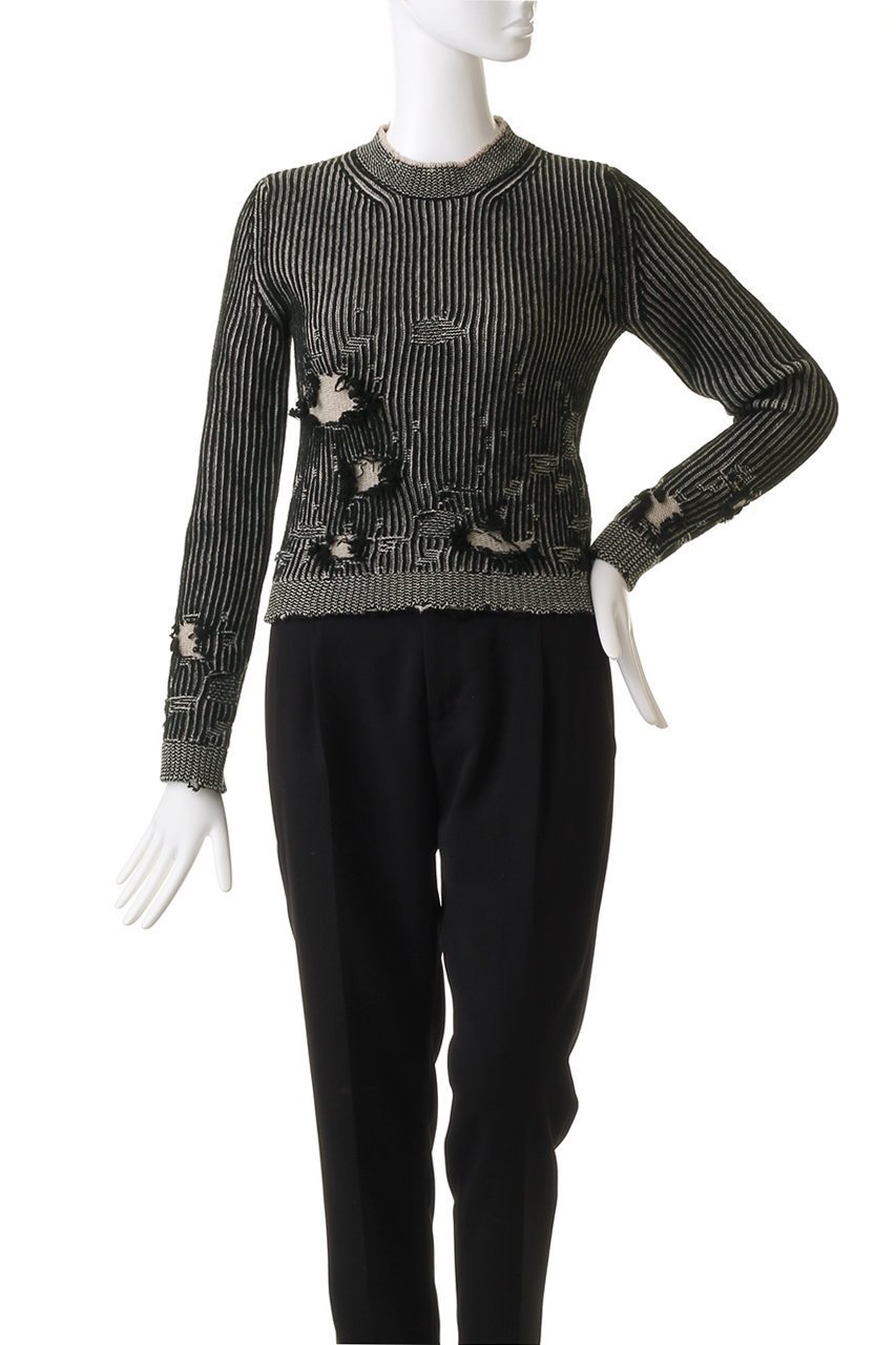 【エムエム6 メゾン マルタン マルジェラ/MM6 Maison Martin Margiela】のクルーネック ダメージデザイン ニットトップス 人気、トレンドファッション・服の通販 founy(ファニー) 　ファッション　Fashion　レディースファッション　Fashion for Women　トップス・カットソー　Cut & Sew Tops　ニット　Knit Tops & Sweaters　シャツ・ブラウス・オフィスカジュアル　Elegant Blouses & Button-Ups　ロングTシャツ・Tシャツ　Longline T-Shirts & Tees　カットソー・ベーシックTシャツ　Cut-and-Sewn Tops / Stretch Tees & Basics　コンパクト　Compact, Small Size　ストライプ　Stripe, Striped Pattern　スリーブ　Sleeve, Long Sleeve / Short Sleeve　ダメージ　Distressed, Destroyed　ランダム　Random, Irregular　ロング　Long, Long-Length　A/W・秋冬　Autumn/Winter　other-2|ID: prp329100004607562 ipo3291000000032896602
