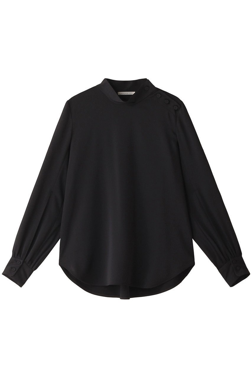 【デザイン ワークス/DESIGN WORKS】のサテンハイネックブラウス インテリア・キッズ・メンズ・レディースファッション・服の通販 founy(ファニー) 　ファッション　Fashion　レディースファッション　Fashion for Women　トップス・カットソー　Cut & Sew Tops　シャツ・ブラウス・オフィスカジュアル　Elegant Blouses & Button-Ups　スリット　Slit, Slit Detail　スリーブ　Sleeve, Long Sleeve / Short Sleeve　バランス　Balance, Style Balance　ロング　Long, Long-Length　エレガント 上品　Elegant　ブラック|ID: prp329100004607700 ipo3291000000034956010