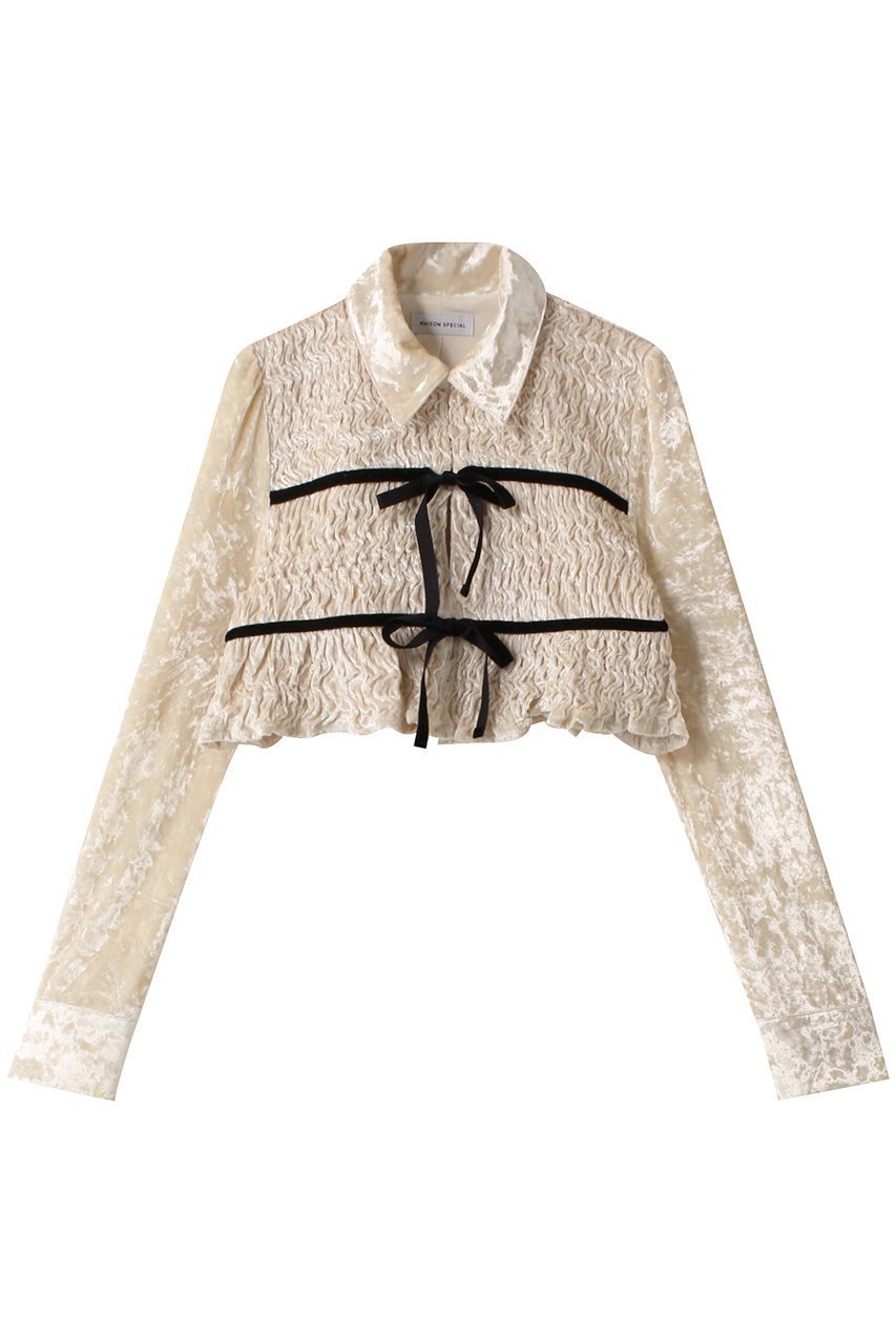 【メゾンスペシャル/MAISON SPECIAL】のShirring Velor Ribbon Blouse/シャーリングベロアリボンブラウス インテリア・キッズ・メンズ・レディースファッション・服の通販 founy(ファニー) 　ファッション　Fashion　レディースファッション　Fashion for Women　トップス・カットソー　Cut & Sew Tops　シャツ・ブラウス・オフィスカジュアル　Elegant Blouses & Button-Ups　ベロアトップス　Velour Tops / Velvet-Look Items　おすすめ　Recommended / Our Picks　クラッシュ　Distressed, Crashed Style　シャーリング　Shirring, Ruched　スリーブ　Sleeve, Long Sleeve / Short Sleeve　セットアップ　Set-Up, Coordinated Outfit　ベロア　Velour, Soft Velvet　リボン　Ribbon, Bow　ロング　Long, Long-Length　エレガント 上品　Elegant　今季　This Season, Current Season　IVR(アイボリー)|ID: prp329100004607744 ipo3291000000032902672