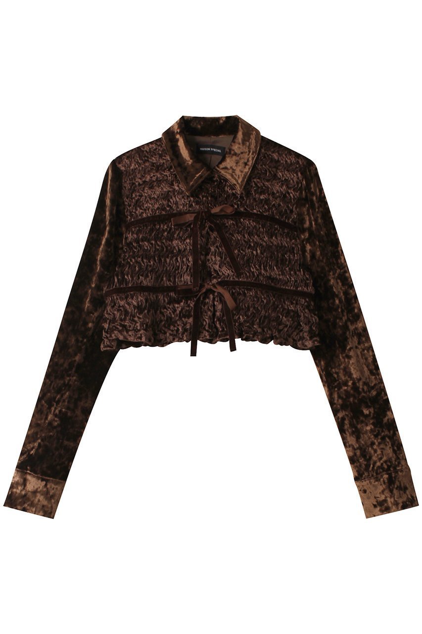 【メゾンスペシャル/MAISON SPECIAL】のShirring Velor Ribbon Blouse/シャーリングベロアリボンブラウス インテリア・キッズ・メンズ・レディースファッション・服の通販 founy(ファニー) 　ファッション　Fashion　レディースファッション　Fashion for Women　トップス・カットソー　Cut & Sew Tops　シャツ・ブラウス・オフィスカジュアル　Elegant Blouses & Button-Ups　ベロアトップス　Velour Tops / Velvet-Look Items　おすすめ　Recommended / Our Picks　クラッシュ　Distressed, Crashed Style　シャーリング　Shirring, Ruched　スリーブ　Sleeve, Long Sleeve / Short Sleeve　セットアップ　Set-Up, Coordinated Outfit　ベロア　Velour, Soft Velvet　リボン　Ribbon, Bow　ロング　Long, Long-Length　エレガント 上品　Elegant　今季　This Season, Current Season　BRN(ブラウン)|ID: prp329100004607744 ipo3291000000032902673