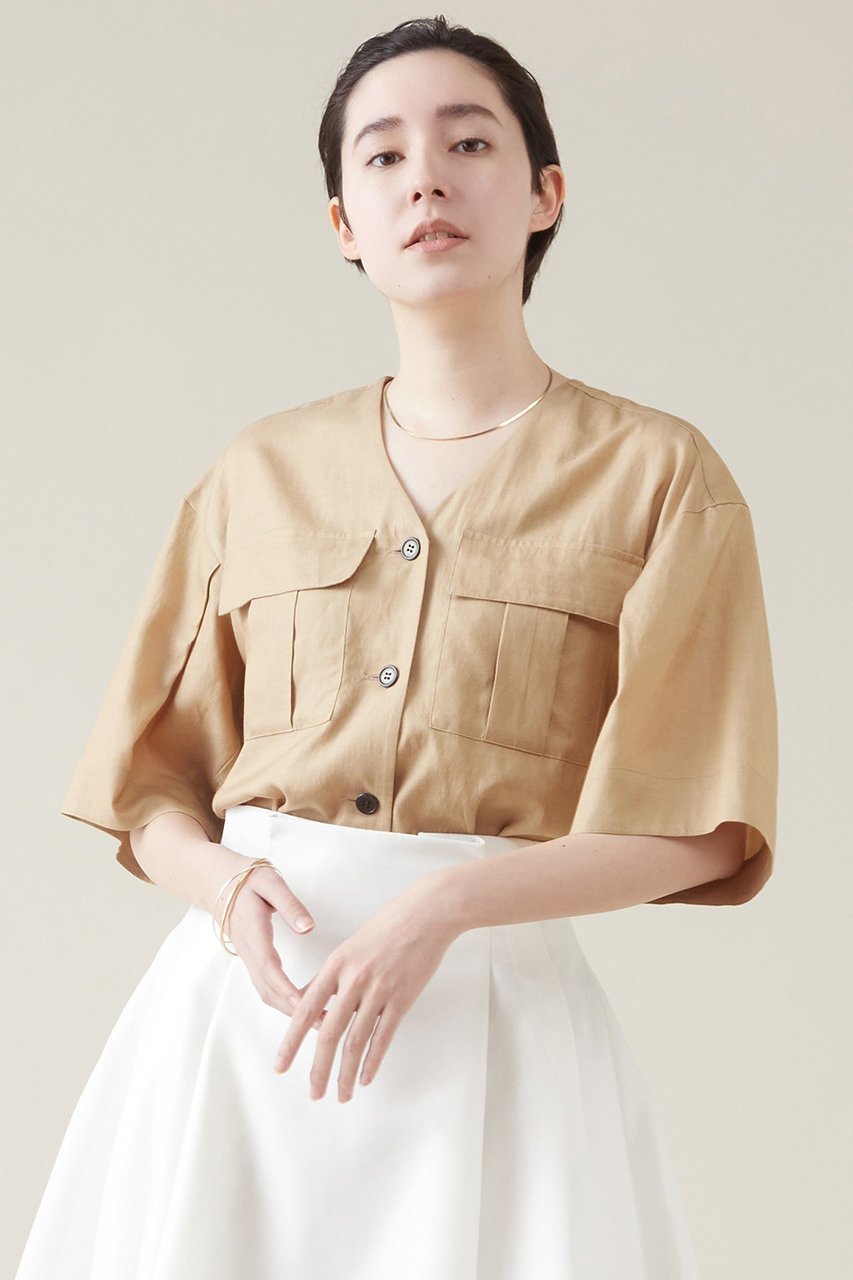 【マルティニーク/martinique】のVネックサファリブラウス 人気、トレンドファッション・服の通販 founy(ファニー) 　ファッション　Fashion　レディースファッション　Fashion for Women　トップス・カットソー　Cut & Sew Tops　シャツ・ブラウス・オフィスカジュアル　Elegant Blouses & Button-Ups　Vネックトップス　V-Neck Tops / V-Cut Neckline Shirts　おすすめ　Recommended / Our Picks　ショート　Short, Short Length　スリーブ　Sleeve, Long Sleeve / Short Sleeve　タイトスカート　Pencil Skirt, Tight Skirt　トレンド　Trend, Trending Now　バランス　Balance, Style Balance　今季　This Season, Current Season　夏　Summer　 other-1|ID: prp329100004607767 ipo3291000000032903773