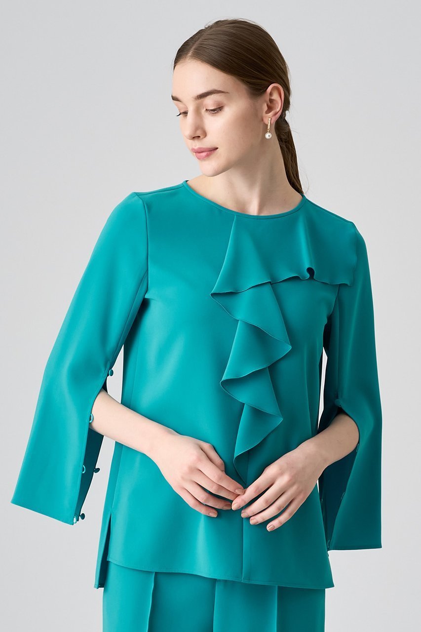 【アナイ/ANAYI】のストレッチクロスアシメフリルブラウス 人気、トレンドファッション・服の通販 founy(ファニー) 　ファッション　Fashion　レディースファッション　Fashion for Women　トップス・カットソー　Cut & Sew Tops　シャツ・ブラウス・オフィスカジュアル　Elegant Blouses & Button-Ups　おすすめ　Recommended / Our Picks　エレガント 上品　Elegant　ストレッチ　Stretch, Stretchy Fabric　スリット　Slit, Slit Detail　スリーブ　Sleeve, Long Sleeve / Short Sleeve　セットアップ　Set-Up, Coordinated Outfit　ダブル　Double, Double-Breasted　ロング　Long, Long-Length　再入荷　Restock / Back in Stock　other-4|ID: prp329100004607781 ipo3291000000035053965