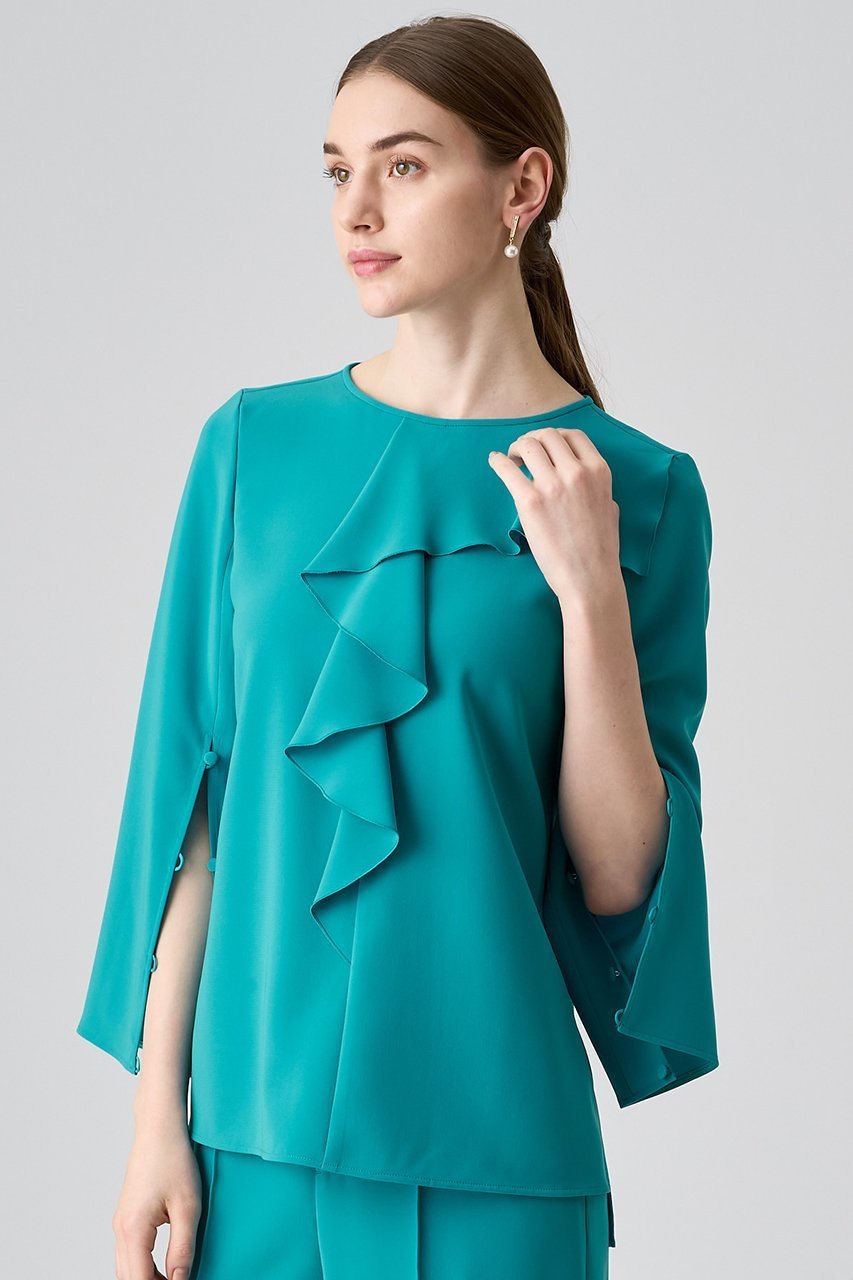 【アナイ/ANAYI】のストレッチクロスアシメフリルブラウス 人気、トレンドファッション・服の通販 founy(ファニー) 　ファッション　Fashion　レディースファッション　Fashion for Women　トップス・カットソー　Cut & Sew Tops　シャツ・ブラウス・オフィスカジュアル　Elegant Blouses & Button-Ups　おすすめ　Recommended / Our Picks　エレガント 上品　Elegant　ストレッチ　Stretch, Stretchy Fabric　スリット　Slit, Slit Detail　スリーブ　Sleeve, Long Sleeve / Short Sleeve　セットアップ　Set-Up, Coordinated Outfit　ダブル　Double, Double-Breasted　ロング　Long, Long-Length　再入荷　Restock / Back in Stock　other-7|ID: prp329100004607781 ipo3291000000035053968