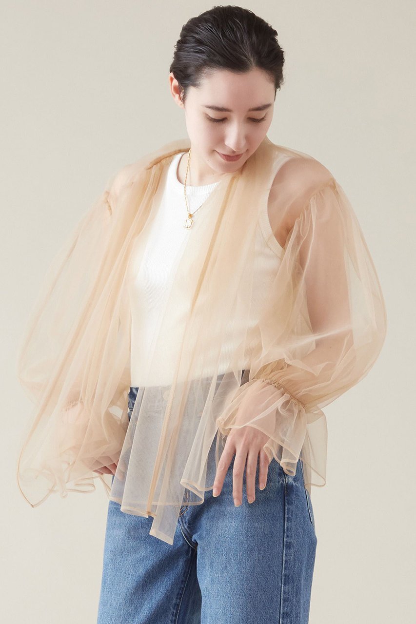 【マルティニーク/martinique】のボリュームギャザーチュールブラウス インテリア・キッズ・メンズ・レディースファッション・服の通販 founy(ファニー) 　ファッション　Fashion　レディースファッション　Fashion for Women　トップス・カットソー　Cut & Sew Tops　シャツ・ブラウス・オフィスカジュアル　Elegant Blouses & Button-Ups　おすすめ　Recommended / Our Picks　インナー　Innerwear　ギャザー　Gathered, Ruffled　スリーブ　Sleeve, Long Sleeve / Short Sleeve　チュール　Tulip, Tulip Motif　ノースリーブ　Sleeveless, No-Sleeve　ロング　Long, Long-Length　ベージュ|ID: prp329100004607806 ipo3291000000035731814
