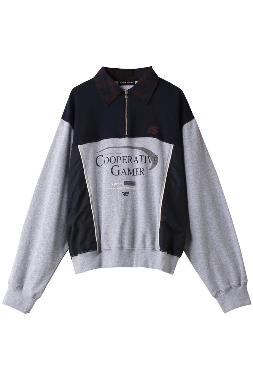 【メゾンスペシャル/MAISON SPECIAL】のCompany Print Half Zip Sweatshirt/カンパニーハーフジップスウェット インテリア・キッズ・メンズ・レディースファッション・服の通販 founy(ファニー) 　ファッション　Fashion　レディースファッション　Fashion for Women　トップス・カットソー　Cut & Sew Tops　シャツ・ブラウス・オフィスカジュアル　Elegant Blouses & Button-Ups　レディースパーカー・カジュアルフーディー　Casual Hoodies & Sweatshirts　ロングTシャツ・Tシャツ　Longline T-Shirts & Tees　スウェット・クルーネックトップス　Sweatshirts & Crewnecks / Relaxed Fit Sweat Tops　カットソー・ベーシックTシャツ　Cut-and-Sewn Tops / Stretch Tees & Basics　鹿の子　Piqué, Kanoko Fabric　ジップ　Zip, Zipper　スタイリッシュ　Stylish, Fashionable　スポーティ　Sporty, Casual Athletic　タフタ　Taffeta, Structured Fabric　チェック　Check, Plaid, Tartan　トレンド　Trend, Trending Now　ミックス　Mix, Mixed Style　リラックス　Relax, Relaxed Fit　NVY(ネイビー)|ID: prp329100004607906 ipo3291000000032913145