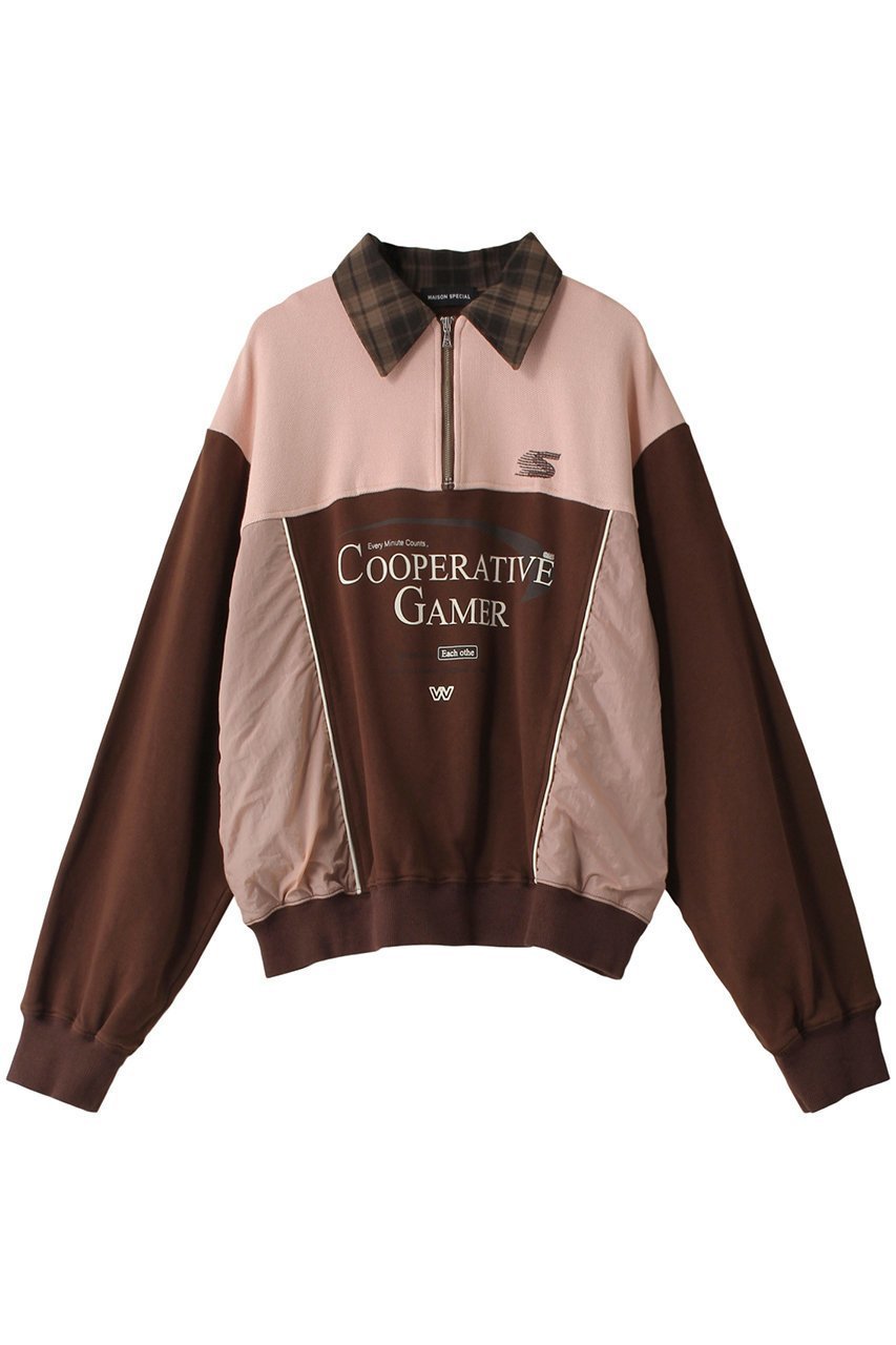 【メゾンスペシャル/MAISON SPECIAL】のCompany Print Half Zip Sweatshirt/カンパニーハーフジップスウェット インテリア・キッズ・メンズ・レディースファッション・服の通販 founy(ファニー) 　ファッション　Fashion　レディースファッション　Fashion for Women　トップス・カットソー　Cut & Sew Tops　シャツ・ブラウス・オフィスカジュアル　Elegant Blouses & Button-Ups　レディースパーカー・カジュアルフーディー　Casual Hoodies & Sweatshirts　ロングTシャツ・Tシャツ　Longline T-Shirts & Tees　スウェット・クルーネックトップス　Sweatshirts & Crewnecks / Relaxed Fit Sweat Tops　カットソー・ベーシックTシャツ　Cut-and-Sewn Tops / Stretch Tees & Basics　鹿の子　Piqué, Kanoko Fabric　ジップ　Zip, Zipper　スタイリッシュ　Stylish, Fashionable　スポーティ　Sporty, Casual Athletic　タフタ　Taffeta, Structured Fabric　チェック　Check, Plaid, Tartan　トレンド　Trend, Trending Now　ミックス　Mix, Mixed Style　リラックス　Relax, Relaxed Fit　PNK(ピンク)|ID: prp329100004607906 ipo3291000000032913154