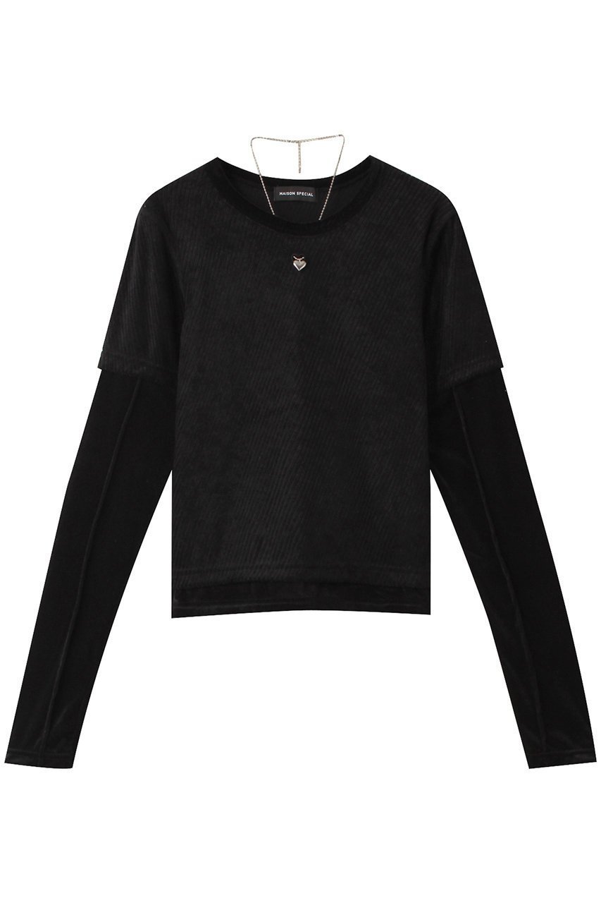 【メゾンスペシャル/MAISON SPECIAL】のWith Heart Necklace Velor Tops/ハートネックレス付きベロアトップス インテリア・キッズ・メンズ・レディースファッション・服の通販 founy(ファニー) 　ファッション　Fashion　レディースファッション　Fashion for Women　トップス・カットソー　Cut & Sew Tops　シャツ・ブラウス・オフィスカジュアル　Elegant Blouses & Button-Ups　ロングTシャツ・Tシャツ　Longline T-Shirts & Tees　カットソー・ベーシックTシャツ　Cut-and-Sewn Tops / Stretch Tees & Basics　ベロアトップス　Velour Tops / Velvet-Look Items　ジュエリー　Jewelry　ネックレス　Necklaces & Pendants　コーデュロイ　Corduroy, Cord Fabric　ストライプ　Stripe, Striped Pattern　スリーブ　Sleeve, Long Sleeve / Short Sleeve　ドッキング　Docking, Mixed Material　ネックレス　Necklace, Pendant Necklace　長袖　Long Sleeve, Full Sleeve　バイアス　Bias, Diagonal Cut　ベロア　Velour, Soft Velvet　半袖　Short Sleeve, Half Sleeve　ロング　Long, Long-Length　ワンポイント　One Point, Statement Accent　BLK(ブラック)|ID: prp329100004607911 ipo3291000000032913674