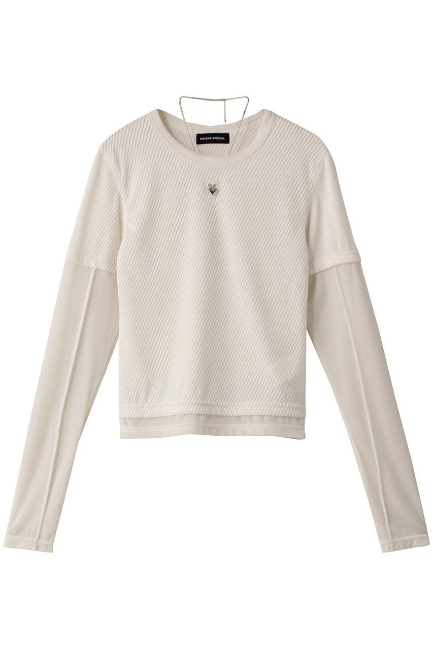 【メゾンスペシャル/MAISON SPECIAL】のWith Heart Necklace Velor Tops/ハートネックレス付きベロアトップス インテリア・キッズ・メンズ・レディースファッション・服の通販 founy(ファニー) 　ファッション　Fashion　レディースファッション　Fashion for Women　トップス・カットソー　Cut & Sew Tops　シャツ・ブラウス・オフィスカジュアル　Elegant Blouses & Button-Ups　ロングTシャツ・Tシャツ　Longline T-Shirts & Tees　カットソー・ベーシックTシャツ　Cut-and-Sewn Tops / Stretch Tees & Basics　ベロアトップス　Velour Tops / Velvet-Look Items　ジュエリー　Jewelry　ネックレス　Necklaces & Pendants　コーデュロイ　Corduroy, Cord Fabric　ストライプ　Stripe, Striped Pattern　スリーブ　Sleeve, Long Sleeve / Short Sleeve　ドッキング　Docking, Mixed Material　ネックレス　Necklace, Pendant Necklace　長袖　Long Sleeve, Full Sleeve　バイアス　Bias, Diagonal Cut　ベロア　Velour, Soft Velvet　半袖　Short Sleeve, Half Sleeve　ロング　Long, Long-Length　ワンポイント　One Point, Statement Accent　WHT(ホワイト)|ID: prp329100004607911 ipo3291000000034909210