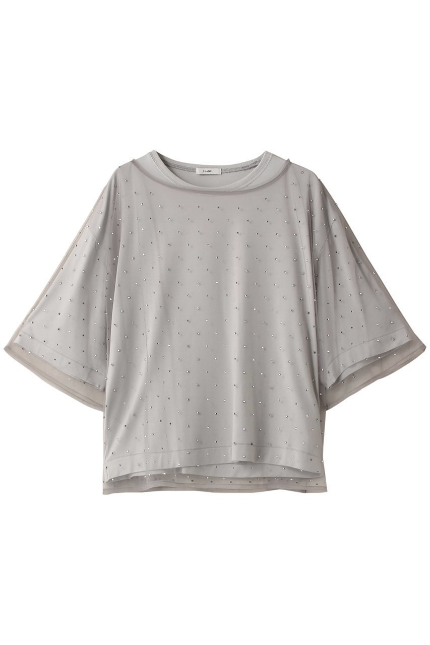 【クラネ/CLANE】のRHINESTONE SHEER TOPS Tシャツ/カットソー インテリア・キッズ・メンズ・レディースファッション・服の通販 founy(ファニー) 　ファッション　Fashion　レディースファッション　Fashion for Women　トップス・カットソー　Cut & Sew Tops　シャツ・ブラウス・オフィスカジュアル　Elegant Blouses & Button-Ups　ロングTシャツ・Tシャツ　Longline T-Shirts & Tees　カットソー・ベーシックTシャツ　Cut-and-Sewn Tops / Stretch Tees & Basics　カットソー　Cut and Sewn Top　ショート　Short, Short Length　シンプル　Simple, Minimal　ストーン　Stone, Gem-Like　スリーブ　Sleeve, Long Sleeve / Short Sleeve　ドット　Polka Dot, Dot Pattern　半袖　Short Sleeve, Half Sleeve　GRAY|ID: prp329100004607924 ipo3291000000032914158