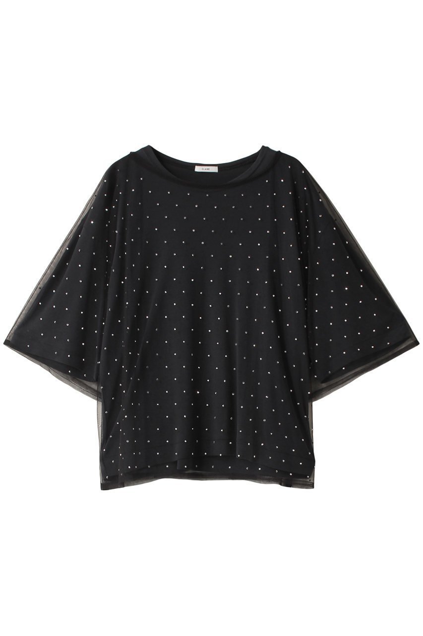 【クラネ/CLANE】のRHINESTONE SHEER TOPS Tシャツ/カットソー インテリア・キッズ・メンズ・レディースファッション・服の通販 founy(ファニー) 　ファッション　Fashion　レディースファッション　Fashion for Women　トップス・カットソー　Cut & Sew Tops　シャツ・ブラウス・オフィスカジュアル　Elegant Blouses & Button-Ups　ロングTシャツ・Tシャツ　Longline T-Shirts & Tees　カットソー・ベーシックTシャツ　Cut-and-Sewn Tops / Stretch Tees & Basics　カットソー　Cut and Sewn Top　ショート　Short, Short Length　シンプル　Simple, Minimal　ストーン　Stone, Gem-Like　スリーブ　Sleeve, Long Sleeve / Short Sleeve　ドット　Polka Dot, Dot Pattern　半袖　Short Sleeve, Half Sleeve　BLACK|ID: prp329100004607924 ipo3291000000032914175