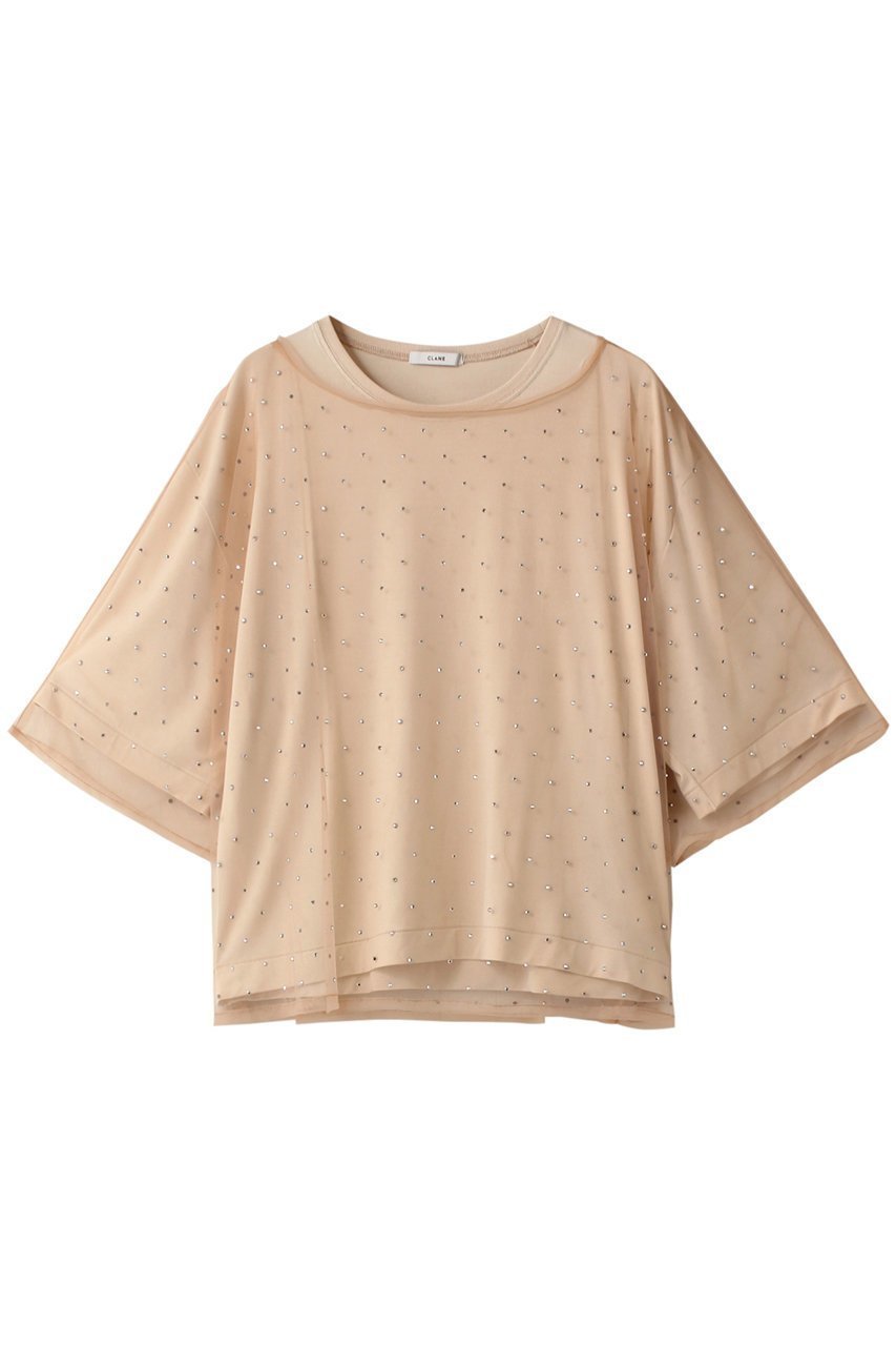 【クラネ/CLANE】のRHINESTONE SHEER TOPS Tシャツ/カットソー インテリア・キッズ・メンズ・レディースファッション・服の通販 founy(ファニー) 　ファッション　Fashion　レディースファッション　Fashion for Women　トップス・カットソー　Cut & Sew Tops　シャツ・ブラウス・オフィスカジュアル　Elegant Blouses & Button-Ups　ロングTシャツ・Tシャツ　Longline T-Shirts & Tees　カットソー・ベーシックTシャツ　Cut-and-Sewn Tops / Stretch Tees & Basics　カットソー　Cut and Sewn Top　ショート　Short, Short Length　シンプル　Simple, Minimal　ストーン　Stone, Gem-Like　スリーブ　Sleeve, Long Sleeve / Short Sleeve　ドット　Polka Dot, Dot Pattern　半袖　Short Sleeve, Half Sleeve　BEIGE|ID: prp329100004607924 ipo3291000000034954458