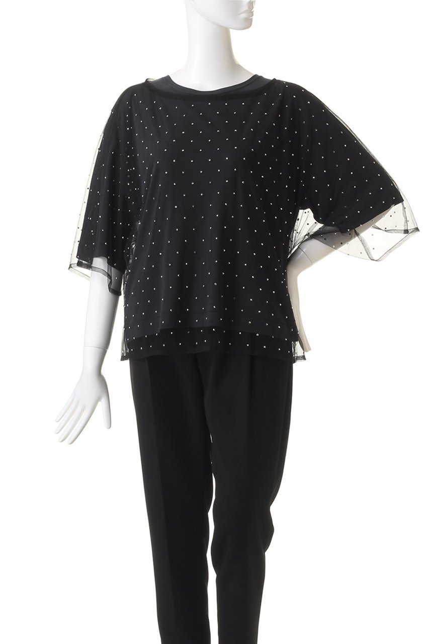 【クラネ/CLANE】のRHINESTONE SHEER TOPS Tシャツ/カットソー 人気、トレンドファッション・服の通販 founy(ファニー) 　ファッション　Fashion　レディースファッション　Fashion for Women　トップス・カットソー　Cut & Sew Tops　シャツ・ブラウス・オフィスカジュアル　Elegant Blouses & Button-Ups　ロングTシャツ・Tシャツ　Longline T-Shirts & Tees　カットソー・ベーシックTシャツ　Cut-and-Sewn Tops / Stretch Tees & Basics　カットソー　Cut and Sewn Top　ショート　Short, Short Length　シンプル　Simple, Minimal　ストーン　Stone, Gem-Like　スリーブ　Sleeve, Long Sleeve / Short Sleeve　ドット　Polka Dot, Dot Pattern　半袖　Short Sleeve, Half Sleeve　other-2|ID: prp329100004607924 ipo3291000000034954463