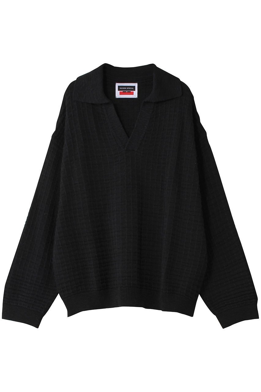 【メゾンスペシャル/MAISON SPECIAL】の【UNISEX】スラブワッフルスキッパーニットポロ インテリア・キッズ・メンズ・レディースファッション・服の通販 founy(ファニー) 　ファッション　Fashion　レディースファッション　Fashion for Women　トップス・カットソー　Cut & Sew Tops　ニット　Knit Tops & Sweaters　カジュアルプルオーバー・ニットトップス　Pullovers & Knit Tops / Casual Pullovers　ユニセックス　Unisex, Genderless　おすすめ　Recommended / Our Picks　アクリル　Acrylic Material　ハイネック　High Neck, Mock Neck　パール　Pearl, Pearl Accent　ワッフル　Waffle, Waffle Knit　D.BLK(ブラック)|ID: prp329100004607954 ipo3291000000032916002
