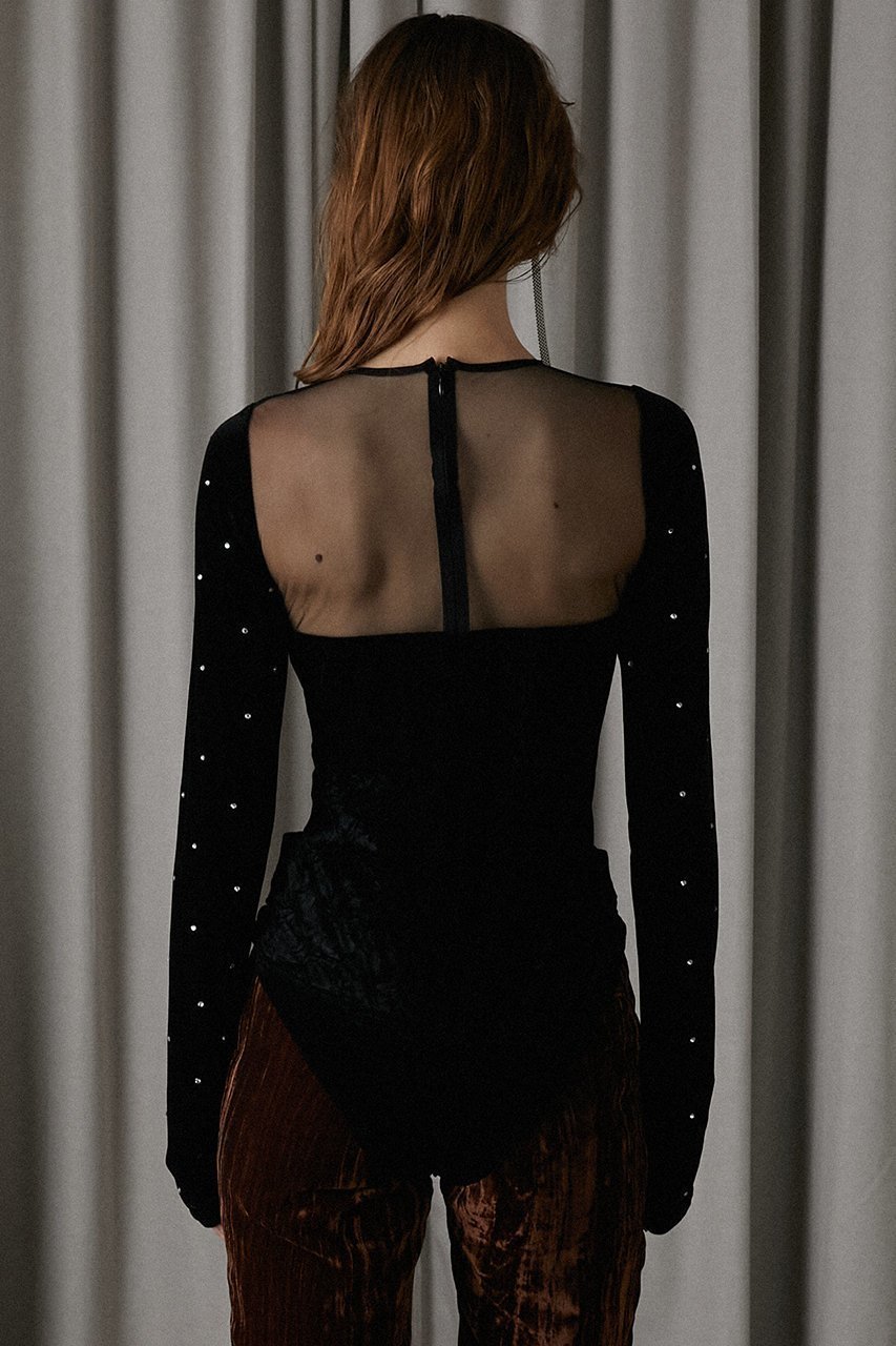 【プランク プロジェクト/PRANK PROJECT】のクリスタルベロアボディスーツ / Collage Lace Bodysuit 人気、トレンドファッション・服の通販 founy(ファニー) 　ファッション　Fashion　レディースファッション　Fashion for Women　トップス・カットソー　Cut & Sew Tops　シャツ・ブラウス・オフィスカジュアル　Elegant Blouses & Button-Ups　ロングTシャツ・Tシャツ　Longline T-Shirts & Tees　カットソー・ベーシックTシャツ　Cut-and-Sewn Tops / Stretch Tees & Basics　ベロアトップス　Velour Tops / Velvet-Look Items　おすすめ　Recommended / Our Picks　クラッシュ　Distressed, Crashed Style　クリスタル　Crystal, Swarovski　スリーブ　Sleeve, Long Sleeve / Short Sleeve　スーツ　Suit, Formalwear　ダウン　Down, Puffer　デニム　Denim, Jeans Material　ベロア　Velour, Soft Velvet　ロング　Long, Long-Length　other-8|ID: prp329100004607964 ipo3291000000036029051