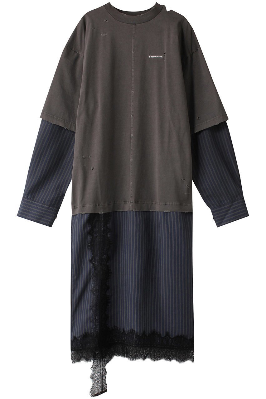 【プランク プロジェクト/PRANK PROJECT】のダメージTレイヤードシャツワンピース / Damaged Tee Layered Shirt One Piece インテリア・キッズ・メンズ・レディースファッション・服の通販 founy(ファニー) 　ファッション　Fashion　レディースファッション　Fashion for Women　ワンピース　Dresses　シャツワンピース / 1枚で着映えコーデ　Shirt Dresses　チュニック　Tunic Tops & Dresses　カットソー　Cut and Sewn Top　ストライプ　Stripe, Striped Pattern　ダメージ　Distressed, Destroyed　チュニック　Tunic, Long Top　ドッキング　Docking, Mixed Material　レース　Lace, Lace Fabric　ロング　Long, Long-Length　ヴィンテージ　Vintage Style　エレガント 上品　Elegant　C.GRY(チャコールグレー)|ID: prp329100004608050 ipo3291000000032919601