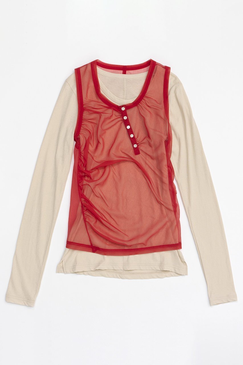 【メゾンスペシャル/MAISON SPECIAL】のHenry Neck Tank Top Layered Tops/ヘンリータンクレイヤードトップス インテリア・キッズ・メンズ・レディースファッション・服の通販 founy(ファニー) 　ファッション　Fashion　レディースファッション　Fashion for Women　トップス・カットソー　Cut & Sew Tops　シャツ・ブラウス・オフィスカジュアル　Elegant Blouses & Button-Ups　ロングTシャツ・Tシャツ　Longline T-Shirts & Tees　カットソー・ベーシックTシャツ　Cut-and-Sewn Tops / Stretch Tees & Basics　エアリー　Airy Texture　カットソー　Cut and Sewn Top　ギャザー　Gathered, Ruffled　シンプル　Simple, Minimal　スリーブ　Sleeve, Long Sleeve / Short Sleeve　タンク　Tank Top, Sleeveless Top　長袖　Long Sleeve, Full Sleeve　ロング　Long, Long-Length　RED(レッド)|ID: prp329100004608065 ipo3291000000032920106