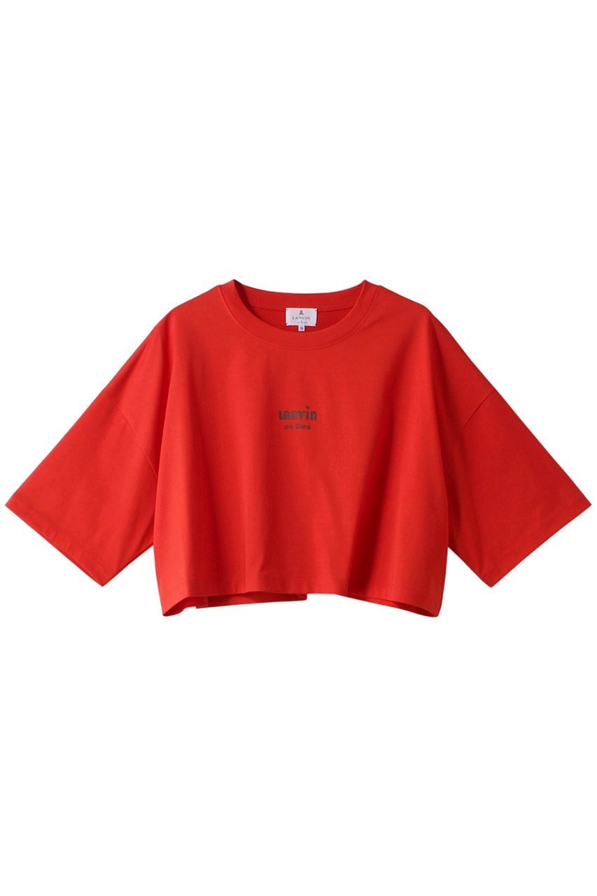 【ランバン オン ブルー/LANVIN en Bleu】のクロップドワンポイントプリントTシャツ インテリア・キッズ・メンズ・レディースファッション・服の通販 founy(ファニー) 　ファッション　Fashion　レディースファッション　Fashion for Women　トップス・カットソー　Cut & Sew Tops　シャツ・ブラウス・オフィスカジュアル　Elegant Blouses & Button-Ups　ロングTシャツ・Tシャツ　Longline T-Shirts & Tees　カットソー・ベーシックTシャツ　Cut-and-Sewn Tops / Stretch Tees & Basics　クロップド　Cropped, Short Length　ショート　Short, Short Length　シンプル　Simple, Minimal　スリーブ　Sleeve, Long Sleeve / Short Sleeve　トレンド　Trend, Trending Now　フロント　Front, Front Design　レッド|ID: prp329100004608071 ipo3291000000032920189