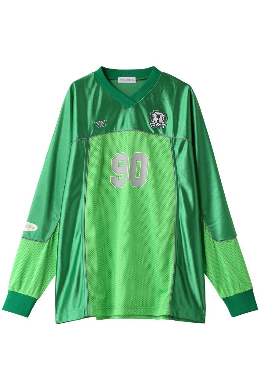 【メゾンスペシャル/MAISON SPECIAL】の90 s Uniform Long Sleeve T-shirt/90 sユニフォームロンTEE インテリア・キッズ・メンズ・レディースファッション・服の通販 founy(ファニー) 　ファッション　Fashion　レディースファッション　Fashion for Women　トップス・カットソー　Cut & Sew Tops　シャツ・ブラウス・オフィスカジュアル　Elegant Blouses & Button-Ups　ロングTシャツ・Tシャツ　Longline T-Shirts & Tees　カットソー・ベーシックTシャツ　Cut-and-Sewn Tops / Stretch Tees & Basics　インナー　Innerwear　ジャケット　Jacket, Outerwear　ストレッチ　Stretch, Stretchy Fabric　スポーティ　Sporty, Casual Athletic　スリーブ　Sleeve, Long Sleeve / Short Sleeve　定番　Standard, Basic Item　パイピング　Piping, Trim Design　フロント　Front, Front Design　ブロッキング　Color Blocking, Panel Design　プリント　Print, Printed Pattern　メッシュ　Mesh, Net Fabric　ロング　Long, Long-Length　おすすめ　Recommended / Our Picks　GRN(グリーン)|ID: prp329100004608084 ipo3291000000032920667