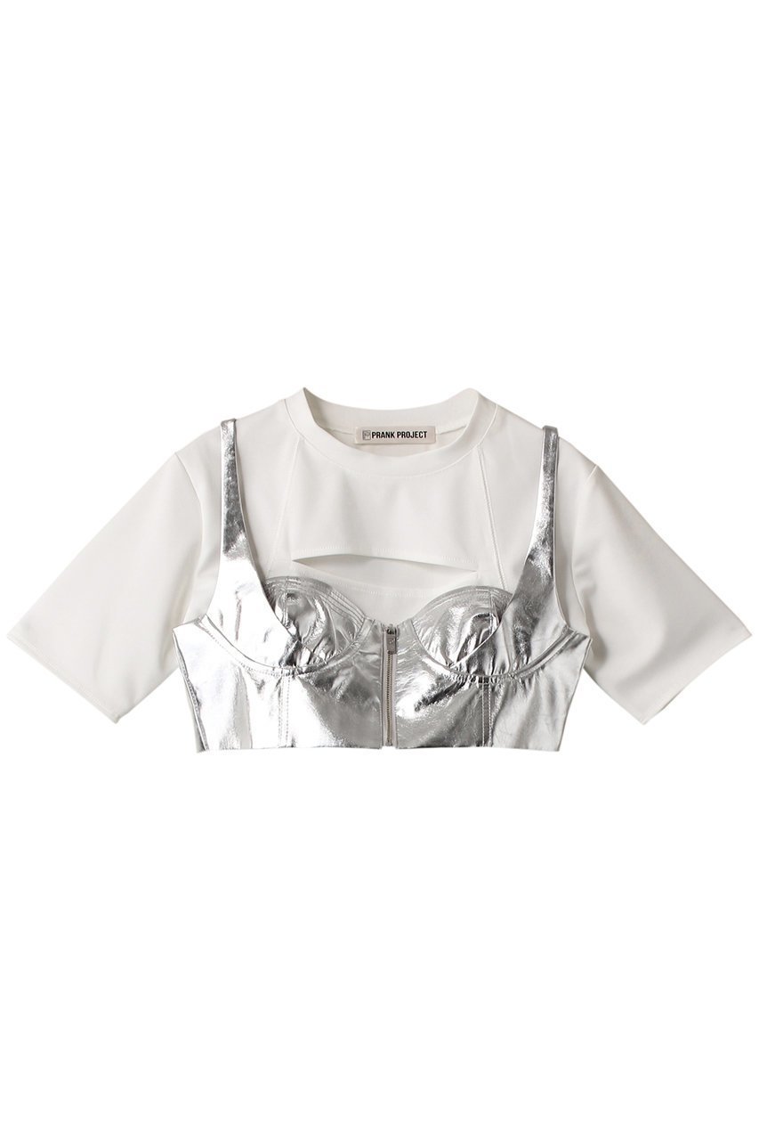 【プランク プロジェクト/PRANK PROJECT】のコルセットビスチェレイヤードTEE / Corset Bustiered Layered TEE 人気、トレンドファッション・服の通販 founy(ファニー) 　ファッション　Fashion　レディースファッション　Fashion for Women　トップス・カットソー　Cut & Sew Tops　シャツ・ブラウス・オフィスカジュアル　Elegant Blouses & Button-Ups　ロングTシャツ・Tシャツ　Longline T-Shirts & Tees　カットソー・ベーシックTシャツ　Cut-and-Sewn Tops / Stretch Tees & Basics　ビスチェ　Bustiers & Corset Tops / Layered Bustier Style　カッティング　Cutting Detail　カットソー　Cut and Sewn Top　ショート　Short, Short Length　シルバー　Silver, Metallic Silver　スリーブ　Sleeve, Long Sleeve / Short Sleeve　ビスチェ　Bustier, Corset Top　フェイクレザー　Faux Leather, PU Leather　 other-1|ID: prp329100004608090 ipo3291000000032920983