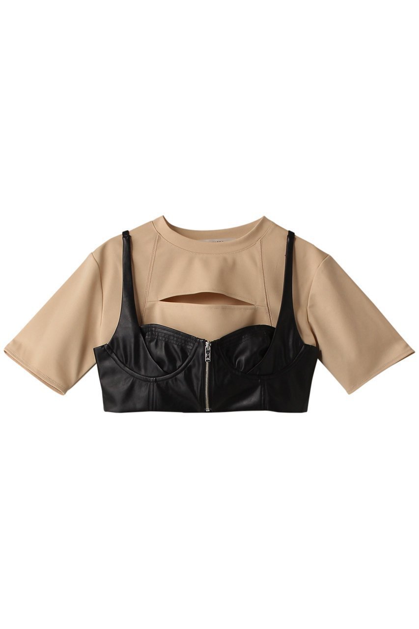 【プランク プロジェクト/PRANK PROJECT】のコルセットビスチェレイヤードTEE / Corset Bustiered Layered TEE インテリア・キッズ・メンズ・レディースファッション・服の通販 founy(ファニー) 　ファッション　Fashion　レディースファッション　Fashion for Women　トップス・カットソー　Cut & Sew Tops　シャツ・ブラウス・オフィスカジュアル　Elegant Blouses & Button-Ups　ロングTシャツ・Tシャツ　Longline T-Shirts & Tees　カットソー・ベーシックTシャツ　Cut-and-Sewn Tops / Stretch Tees & Basics　ビスチェ　Bustiers & Corset Tops / Layered Bustier Style　カッティング　Cutting Detail　カットソー　Cut and Sewn Top　ショート　Short, Short Length　シルバー　Silver, Metallic Silver　スリーブ　Sleeve, Long Sleeve / Short Sleeve　ビスチェ　Bustier, Corset Top　フェイクレザー　Faux Leather, PU Leather　BGE(ベージュ)|ID: prp329100004608090 ipo3291000000032920994