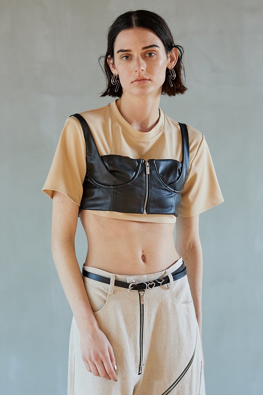 【プランク プロジェクト/PRANK PROJECT】のコルセットビスチェレイヤードTEE / Corset Bustiered Layered TEE 人気、トレンドファッション・服の通販 founy(ファニー) 　ファッション　Fashion　レディースファッション　Fashion for Women　トップス・カットソー　Cut & Sew Tops　シャツ・ブラウス・オフィスカジュアル　Elegant Blouses & Button-Ups　ロングTシャツ・Tシャツ　Longline T-Shirts & Tees　カットソー・ベーシックTシャツ　Cut-and-Sewn Tops / Stretch Tees & Basics　ビスチェ　Bustiers & Corset Tops / Layered Bustier Style　カッティング　Cutting Detail　カットソー　Cut and Sewn Top　ショート　Short, Short Length　シルバー　Silver, Metallic Silver　スリーブ　Sleeve, Long Sleeve / Short Sleeve　ビスチェ　Bustier, Corset Top　フェイクレザー　Faux Leather, PU Leather　other-8|ID: prp329100004608090 ipo3291000000032921054