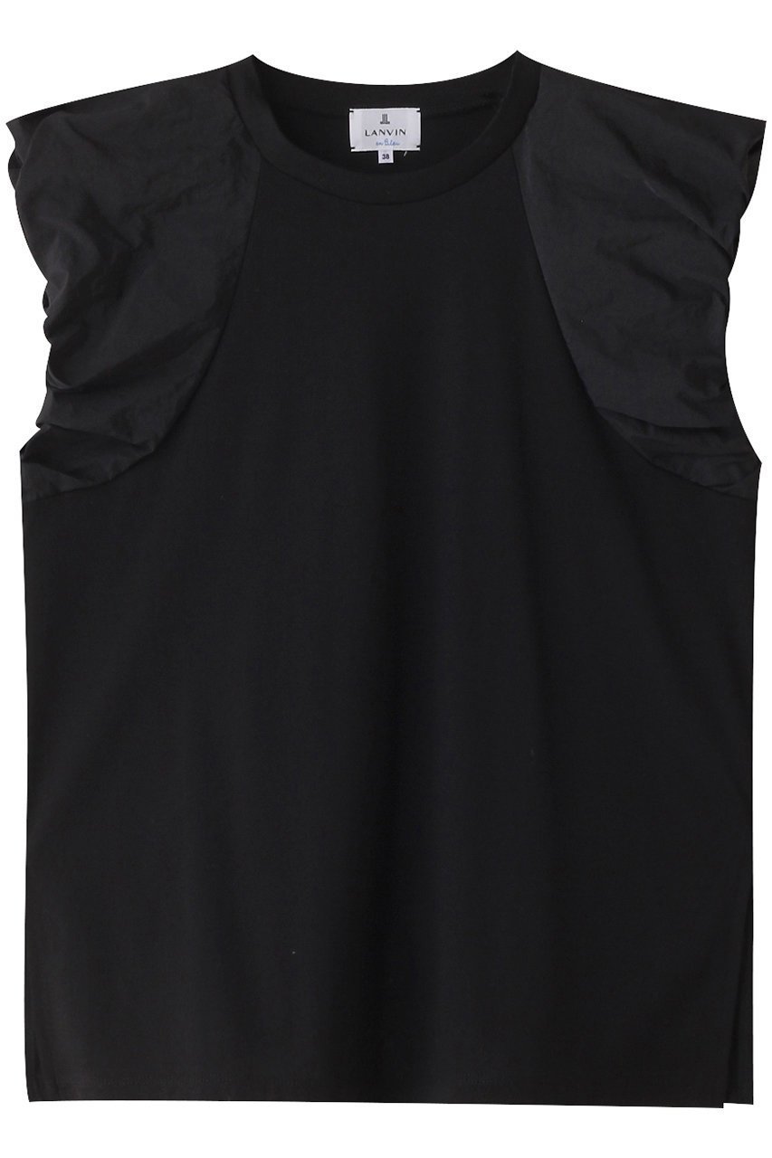【ランバン オン ブルー/LANVIN en Bleu】のパフショルダーコンビカットソー インテリア・キッズ・メンズ・レディースファッション・服の通販 founy(ファニー) 　ファッション　Fashion　レディースファッション　Fashion for Women　トップス・カットソー　Cut & Sew Tops　シャツ・ブラウス・オフィスカジュアル　Elegant Blouses & Button-Ups　ロングTシャツ・Tシャツ　Longline T-Shirts & Tees　カットソー・ベーシックTシャツ　Cut-and-Sewn Tops / Stretch Tees & Basics　カットソー　Cut and Sewn Top　ショルダー　Shoulder, Shoulder Strap　ショート　Short, Short Length　スリット　Slit, Slit Detail　スリーブ　Sleeve, Long Sleeve / Short Sleeve　ボトム　Bottoms, Lower Wear　ブラック|ID: prp329100004608248 ipo3291000000032928951