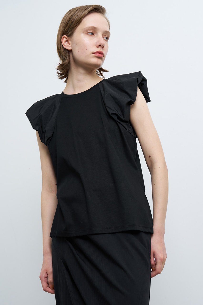 【ランバン オン ブルー/LANVIN en Bleu】のパフショルダーコンビカットソー 人気、トレンドファッション・服の通販 founy(ファニー) 　ファッション　Fashion　レディースファッション　Fashion for Women　トップス・カットソー　Cut & Sew Tops　シャツ・ブラウス・オフィスカジュアル　Elegant Blouses & Button-Ups　ロングTシャツ・Tシャツ　Longline T-Shirts & Tees　カットソー・ベーシックTシャツ　Cut-and-Sewn Tops / Stretch Tees & Basics　カットソー　Cut and Sewn Top　ショルダー　Shoulder, Shoulder Strap　ショート　Short, Short Length　スリット　Slit, Slit Detail　スリーブ　Sleeve, Long Sleeve / Short Sleeve　ボトム　Bottoms, Lower Wear　other-8|ID: prp329100004608248 ipo3291000000032929000