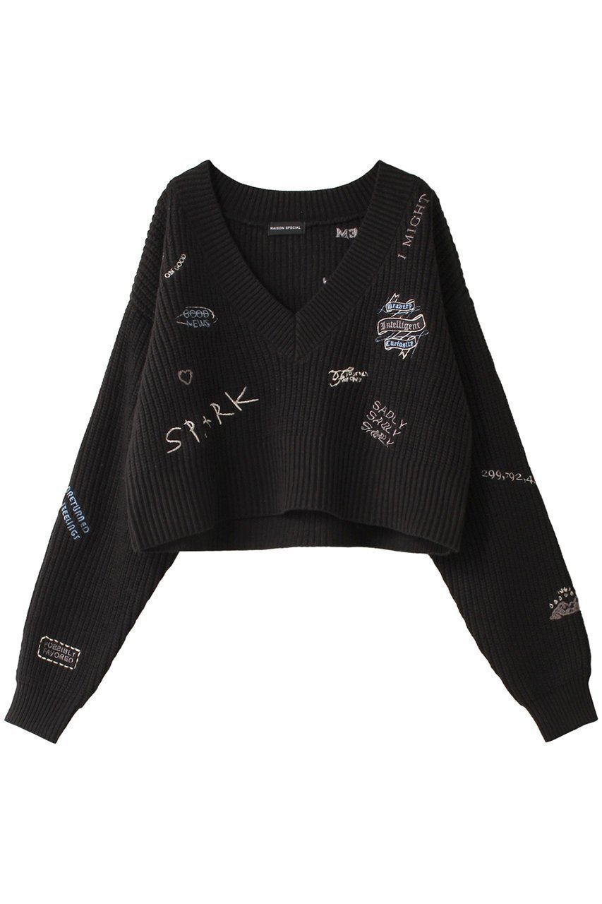 【メゾンスペシャル/MAISON SPECIAL】のV-neck Embroidery Knitwear/Vネックエンブロイダリーニット インテリア・キッズ・メンズ・レディースファッション・服の通販 founy(ファニー) 　ファッション　Fashion　レディースファッション　Fashion for Women　トップス・カットソー　Cut & Sew Tops　ニット　Knit Tops & Sweaters　カジュアルプルオーバー・ニットトップス　Pullovers & Knit Tops / Casual Pullovers　Vネックトップス　V-Neck Tops / V-Cut Neckline Shirts　おすすめ　Recommended / Our Picks　グラフィック　Graphic, Graphic Design　BLK(ブラック)|ID: prp329100004608287 ipo3291000000032931447