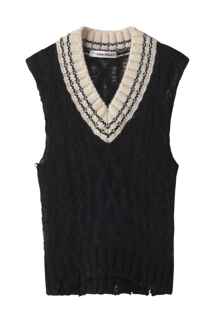 【プランク プロジェクト/PRANK PROJECT】のシアーチルデンニットベスト / Sheer Tilden Knit Vest インテリア・キッズ・メンズ・レディースファッション・服の通販 founy(ファニー) 　ファッション　Fashion　レディースファッション　Fashion for Women　トップス・カットソー　Cut & Sew Tops　ニット　Knit Tops & Sweaters　ベスト&ジレ / 重ね着スタイル　Vests & Gilets　カジュアルプルオーバー・ニットトップス　Pullovers & Knit Tops / Casual Pullovers　ダメージ　Distressed, Destroyed　BLK(ブラック)|ID: prp329100004608304 ipo3291000000032932386