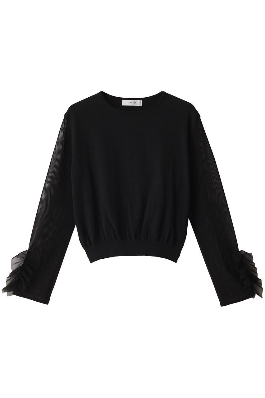 【デザイン ワークス/DESIGN WORKS】の【BEAUVET】 チュールネットプルオーバー 人気、トレンドファッション・服の通販 founy(ファニー) 　ファッション　Fashion　レディースファッション　Fashion for Women　トップス・カットソー　Cut & Sew Tops　シャツ・ブラウス・オフィスカジュアル　Elegant Blouses & Button-Ups　ロングTシャツ・Tシャツ　Longline T-Shirts & Tees　カジュアルプルオーバー・ニットトップス　Pullovers & Knit Tops / Casual Pullovers　カットソー・ベーシックTシャツ　Cut-and-Sewn Tops / Stretch Tees & Basics　シアー　Sheer, See-Through　ショート　Short, Short Length　スリーブ　Sleeve, Long Sleeve / Short Sleeve　チュール　Tulip, Tulip Motif　デニム　Denim, Jeans Material　フェミニン　Feminine, Girly　フリル　Frill, Ruffle　ロング　Long, Long-Length　エレガント 上品　Elegant　 other-1|ID: prp329100004608469 ipo3291000000035907947