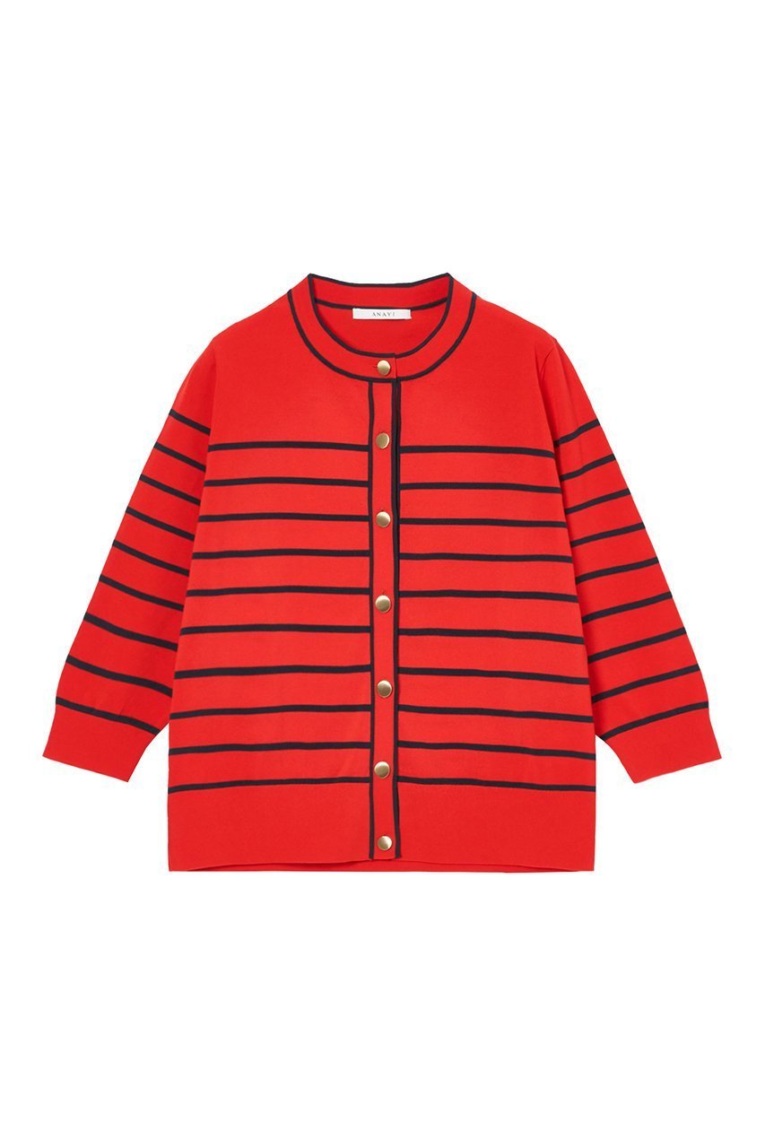 【アナイ/ANAYI】のハイツイストコットンナイロンボーダーカーディガン インテリア・キッズ・メンズ・レディースファッション・服の通販 founy(ファニー) 　ファッション　Fashion　レディースファッション　Fashion for Women　トップス・カットソー　Cut & Sew Tops　ニット　Knit Tops & Sweaters　カーディガン・羽織り　Layered Style Cardigans　カーディガン　Cardigan, Knitwear　コンパクト　Compact, Small Size　ボーダー　Border, Stripe　メタル　Metal, Metal Parts　レッド|ID: prp329100004608581 ipo3291000000032943765