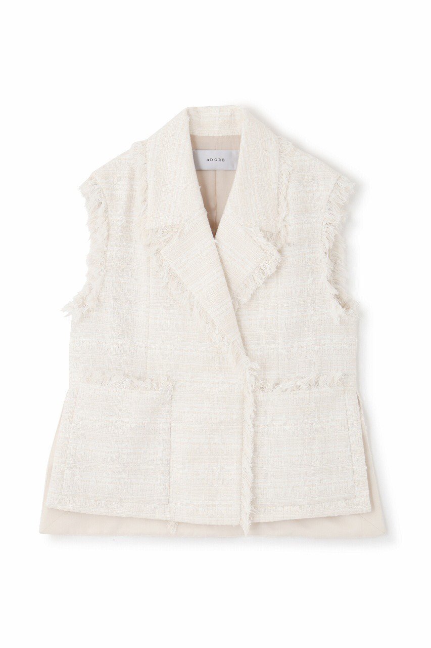 【アドーア/ADORE】のテープヤーンツィードジレ インテリア・キッズ・メンズ・レディースファッション・服の通販 founy(ファニー) 　ファッション　Fashion　レディースファッション　Fashion for Women　アウター　Coat / Outerwear Collection　レディースジャケット・軽アウター　Jackets　おすすめ　Recommended / Our Picks　ジャケット　Jacket, Outerwear　セットアップ　Set-Up, Coordinated Outfit　ツイード　Twill, Twill Weave　ベスト　Vest, Waistcoat　再入荷　Restock / Back in Stock　ホワイト|ID: prp329100004608621 ipo3291000000032945285