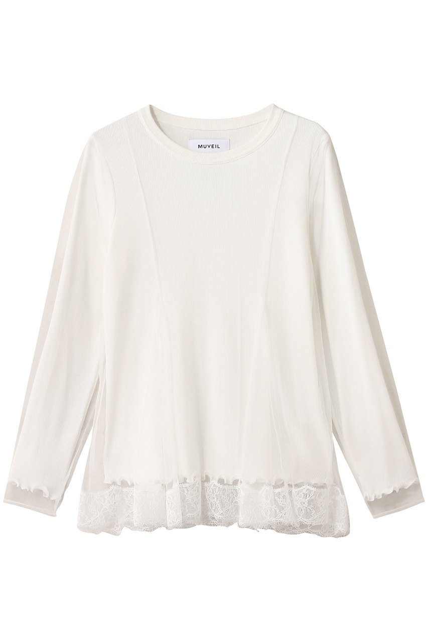 【ミュベール/MUVEIL】のレースチュールフレアーカットソー 人気、トレンドファッション・服の通販 founy(ファニー) 　ファッション　Fashion　レディースファッション　Fashion for Women　トップス・カットソー　Cut & Sew Tops　シャツ・ブラウス・オフィスカジュアル　Elegant Blouses & Button-Ups　ロングTシャツ・Tシャツ　Longline T-Shirts & Tees　カットソー・ベーシックTシャツ　Cut-and-Sewn Tops / Stretch Tees & Basics　2025年　2025　2025-2026秋冬・A/W　Autumn/Winter 2025–26 AW25–26　エアリー　Airy Texture　カットソー　Cut and Sewn Top　シンプル　Simple, Minimal　スリーブ　Sleeve, Long Sleeve / Short Sleeve　チュール　Tulip, Tulip Motif　テレコ　Ribbed, Rib Stitch　フレア　Flare, Flared　ボトム　Bottoms, Lower Wear　ロング　Long, Long-Length　A/W・秋冬　Autumn/Winter　 other-1|ID: prp329100004608726 ipo3291000000032947778