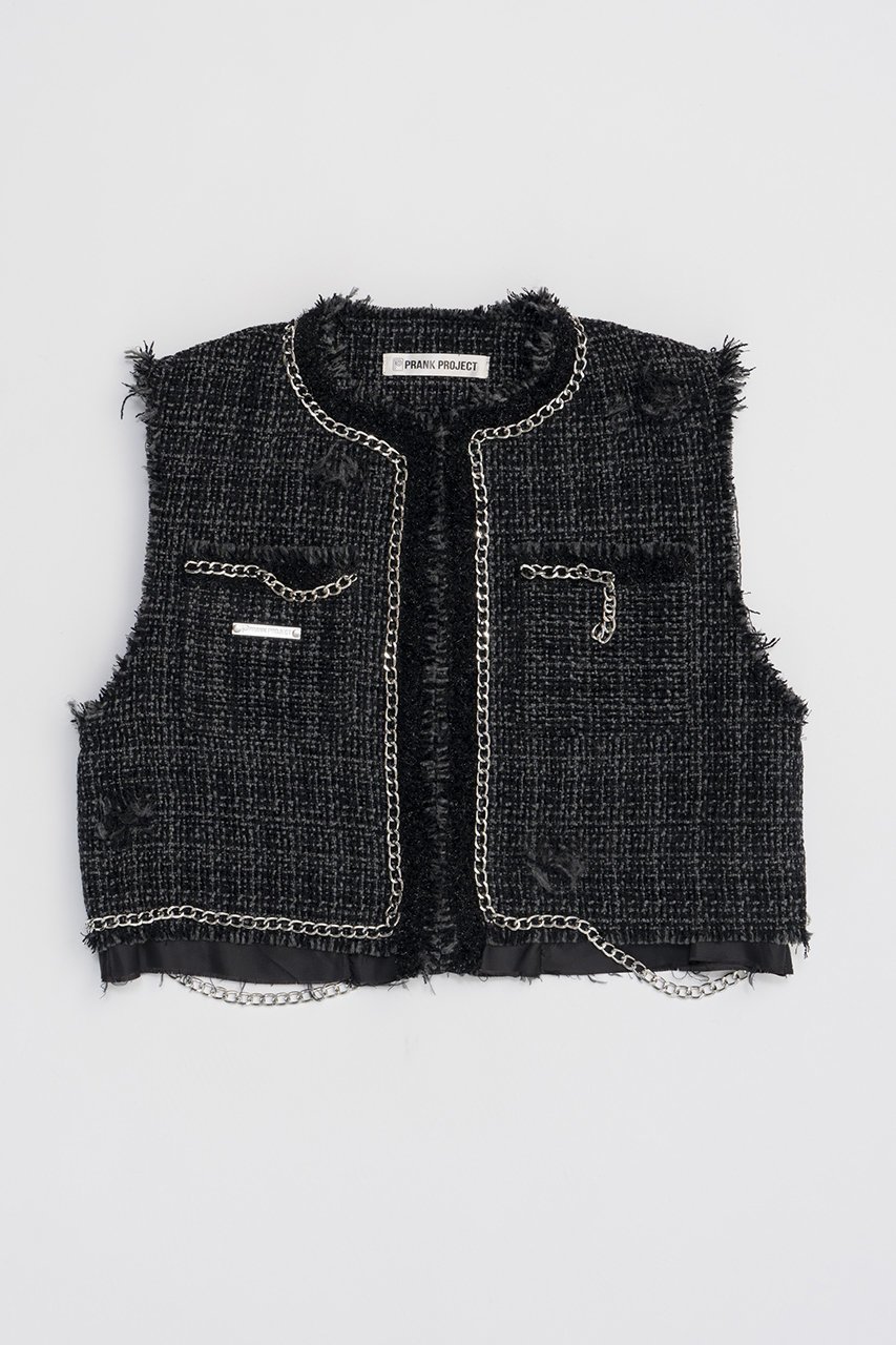 【プランク プロジェクト/PRANK PROJECT】のクロップドツイードベスト / Cropped Tweed Vest インテリア・キッズ・メンズ・レディースファッション・服の通販 founy(ファニー) 　ファッション　Fashion　レディースファッション　Fashion for Women　アウター　Coat / Outerwear Collection　レディースジャケット・軽アウター　Jackets　おすすめ　Recommended / Our Picks　クラシカル　Classical, Vintage-Inspired　ジャケット　Jacket, Outerwear　ダメージ　Distressed, Destroyed　チェック　Check, Plaid, Tartan　チェーン　Chain, Chain Strap　ツイード　Twill, Twill Weave　ベスト　Vest, Waistcoat　GRY(グレー)|ID: prp329100004608727 ipo3291000000035670086