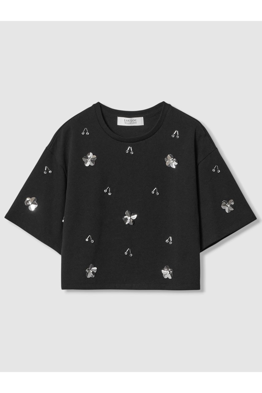 【アルアバイル/allureville】の【Loulou Willoughby】スパンコールTシャツ インテリア・キッズ・メンズ・レディースファッション・服の通販 founy(ファニー) 　ファッション　Fashion　レディースファッション　Fashion for Women　トップス・カットソー　Cut & Sew Tops　シャツ・ブラウス・オフィスカジュアル　Elegant Blouses & Button-Ups　ロングTシャツ・Tシャツ　Longline T-Shirts & Tees　カットソー・ベーシックTシャツ　Cut-and-Sewn Tops / Stretch Tees & Basics　ショート　Short, Short Length　スパンコール　Sequins, Sequin Embellishment　スリーブ　Sleeve, Long Sleeve / Short Sleeve　ドロップ　Drop Shoulder, Dropped Style　ビジュー　Bijou, Jewel-like Accent　新作・新入荷　New Arrivals / New In　ブラック|ID: prp329100004608732 ipo3291000000032947940