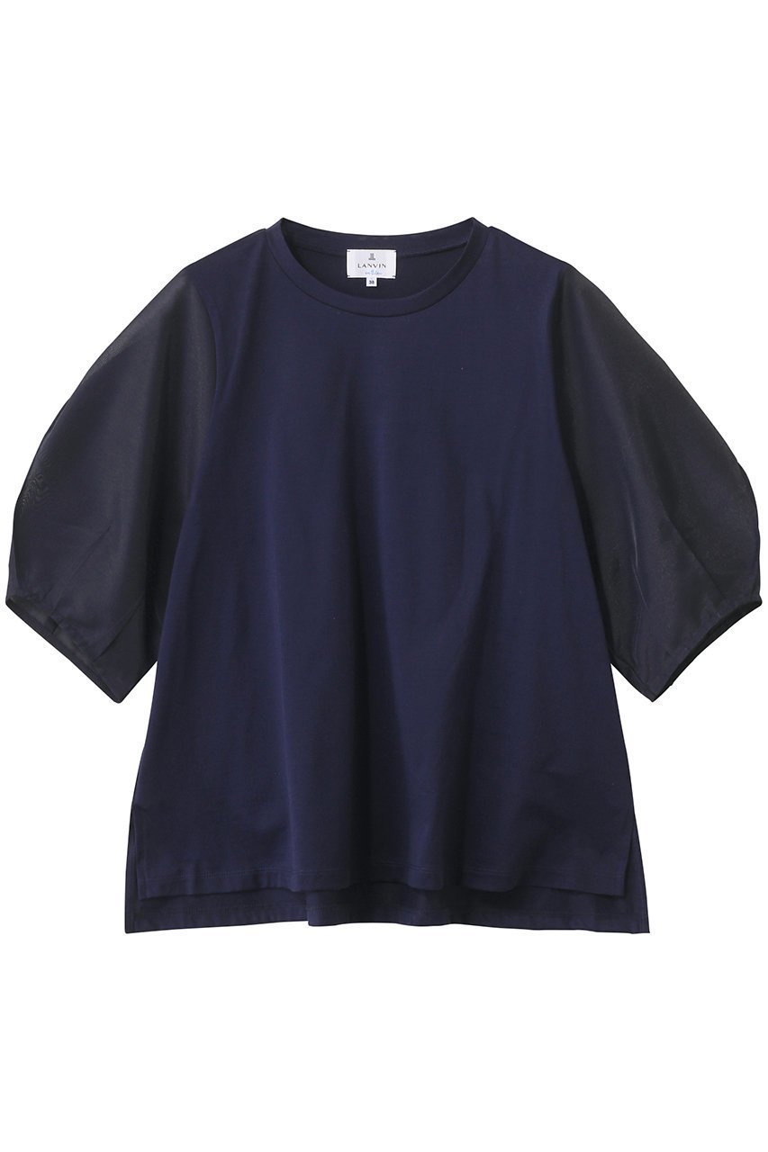 【ランバン オン ブルー/LANVIN en Bleu】のシアーコクーンスリーブコンビカットソー インテリア・キッズ・メンズ・レディースファッション・服の通販 founy(ファニー) 　ファッション　Fashion　レディースファッション　Fashion for Women　トップス・カットソー　Cut & Sew Tops　シャツ・ブラウス・オフィスカジュアル　Elegant Blouses & Button-Ups　ロングTシャツ・Tシャツ　Longline T-Shirts & Tees　カットソー・ベーシックTシャツ　Cut-and-Sewn Tops / Stretch Tees & Basics　カットソー　Cut and Sewn Top　コンシャス　Conscious, Bodycon　シアー　Sheer, See-Through　ショート　Short, Short Length　シンプル　Simple, Minimal　スリーブ　Sleeve, Long Sleeve / Short Sleeve　ボトム　Bottoms, Lower Wear　新作・新入荷　New Arrivals / New In　ネイビー|ID: prp329100004608746 ipo3291000000032948288