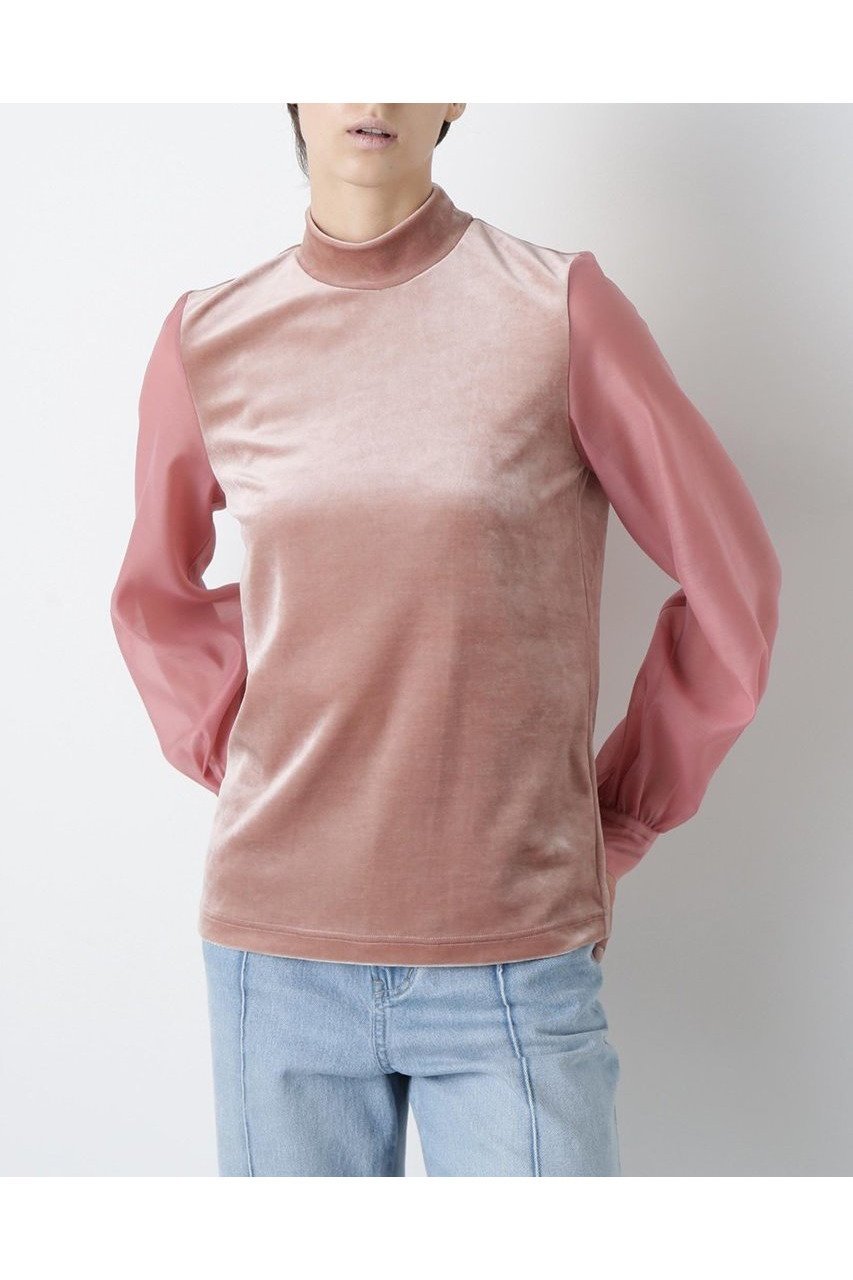 【ヒューエルミュージアム/hueLe Museum】の【STUMBLY】Velour Organdy Pullover インテリア・キッズ・メンズ・レディースファッション・服の通販 founy(ファニー) 　ファッション　Fashion　レディースファッション　Fashion for Women　トップス・カットソー　Cut & Sew Tops　シャツ・ブラウス・オフィスカジュアル　Elegant Blouses & Button-Ups　ロングTシャツ・Tシャツ　Longline T-Shirts & Tees　カジュアルプルオーバー・ニットトップス　Pullovers & Knit Tops / Casual Pullovers　カットソー・ベーシックTシャツ　Cut-and-Sewn Tops / Stretch Tees & Basics　ベロアトップス　Velour Tops / Velvet-Look Items　オーガンジー　Organza Fabric　コンビ　Combo, Combination Style　スタンダード　Standard, Basic　スリーブ　Sleeve, Long Sleeve / Short Sleeve　ハイネック　High Neck, Mock Neck　ベロア　Velour, Soft Velvet　ロング　Long, Long-Length　新作・新入荷　New Arrivals / New In　ピンク|ID: prp329100004608754 ipo3291000000032948582