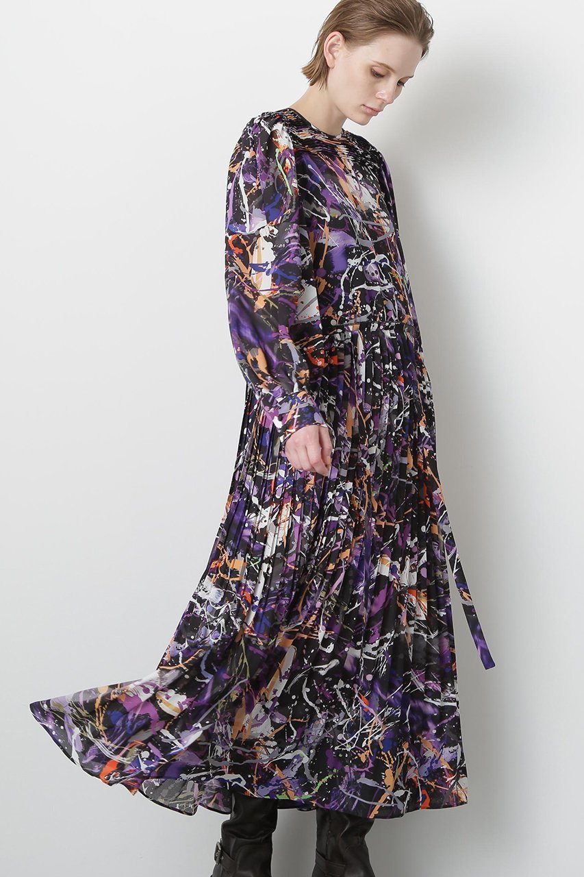 【ヒューエルミュージアム/hueLe Museum】の【STUMBLY】Printed Pleats Dress インテリア・キッズ・メンズ・レディースファッション・服の通販 founy(ファニー) 　ファッション　Fashion　レディースファッション　Fashion for Women　ワンピース　Dresses　フォーマル・パーティードレス・結婚式用ドレス　Elegant & Casual Dresses　チュニック　Tunic Tops & Dresses　スリーブ　Sleeve, Long Sleeve / Short Sleeve　チュニック　Tunic, Long Top　プリント　Print, Printed Pattern　プリーツ　Pleats, Pleated　ロング　Long, Long-Length　再入荷　Restock / Back in Stock　ブラック|ID: prp329100004608773 ipo3291000000035740382